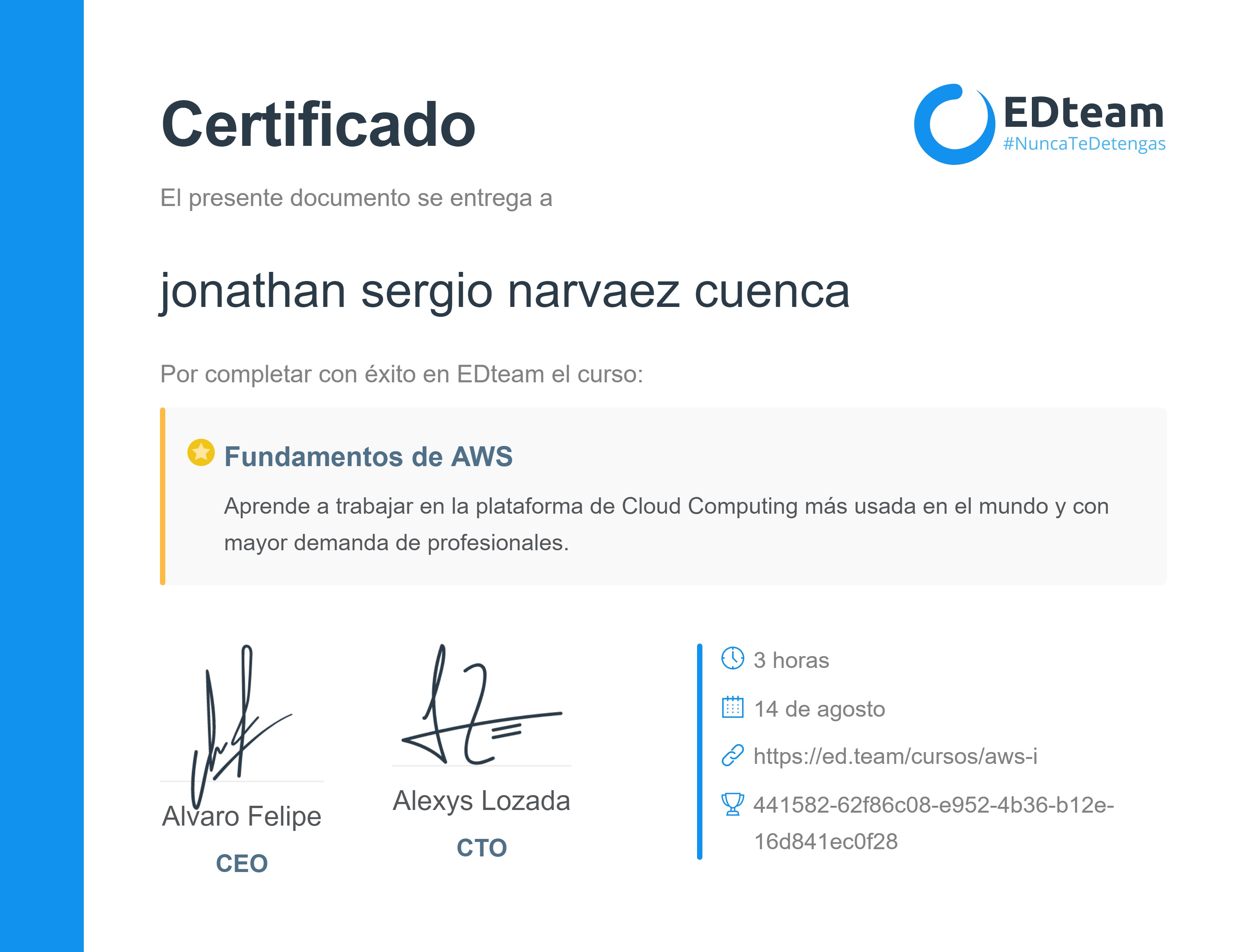 Certificado de Jonathan Narvaez del curso Fundamentos de AWS (2018)
