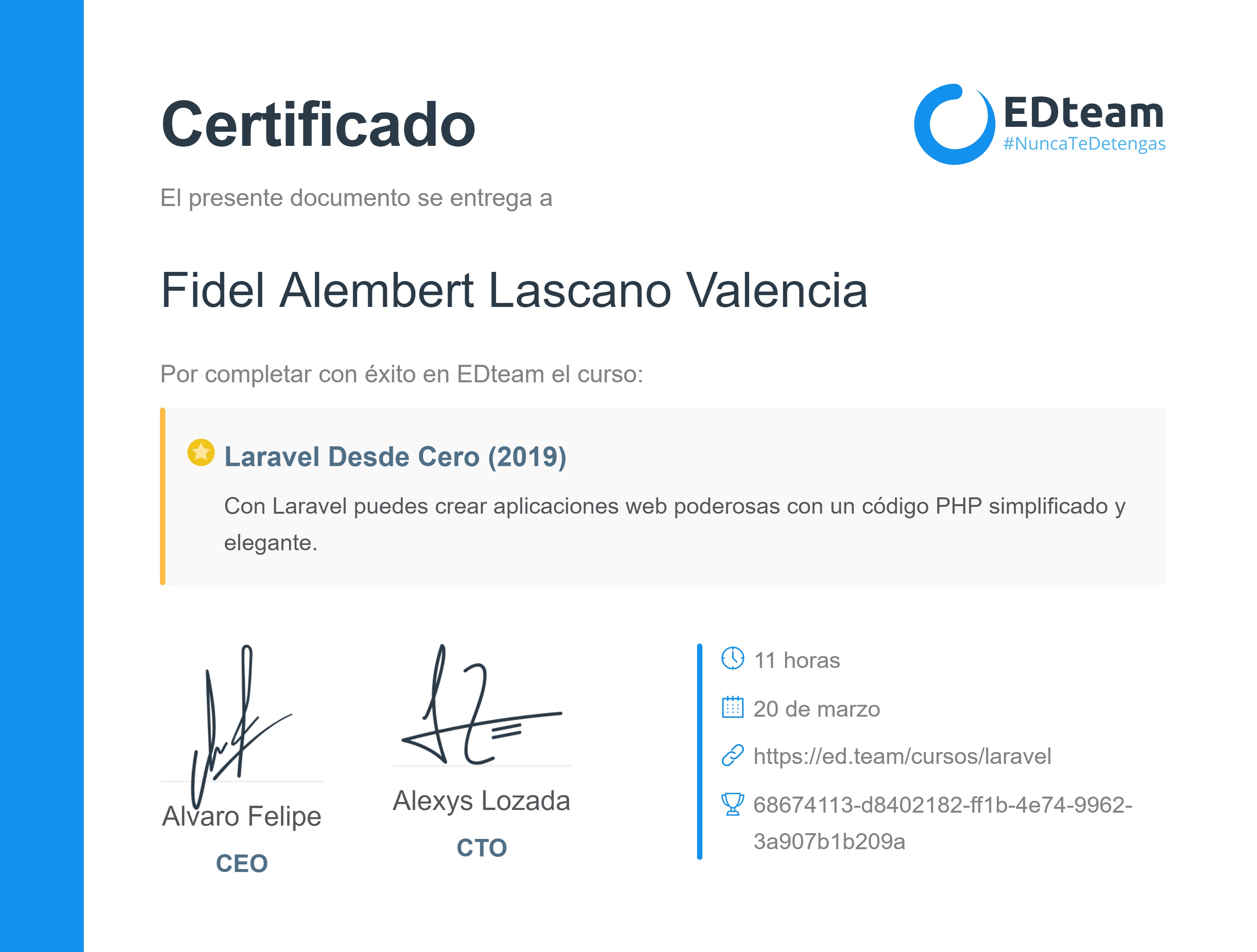 Certificado de Fidel Alembert Lascano Valencia del curso Laravel Desde Cero
