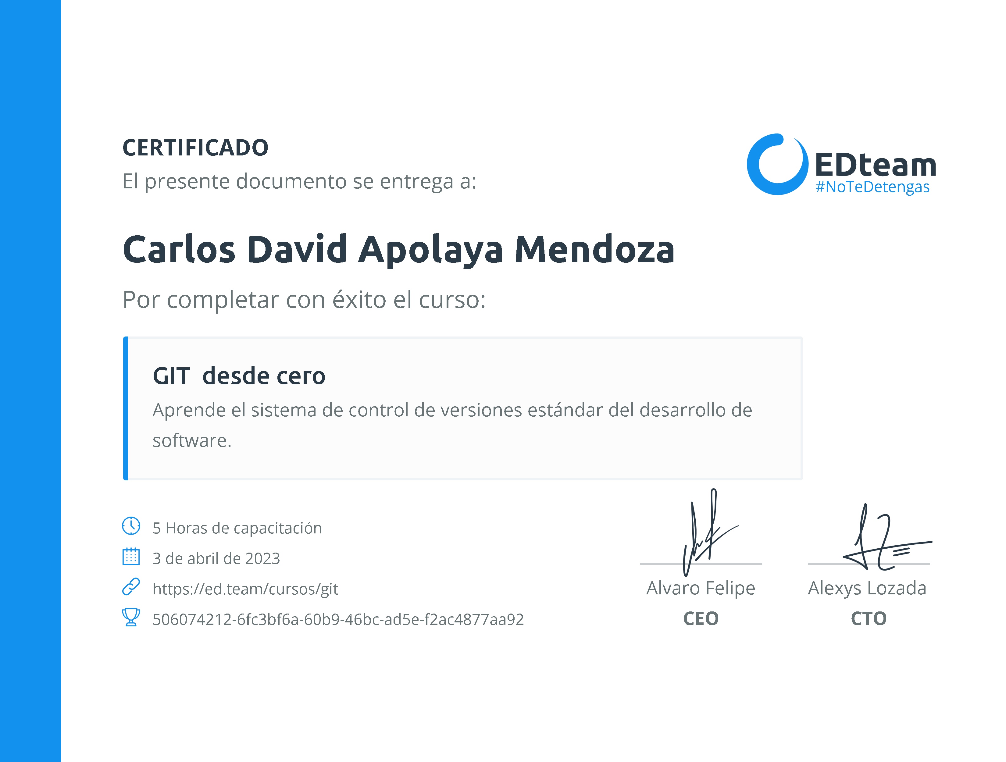 Certificado de Carlos David Apolaya Mendoza del curso GIT desde cero