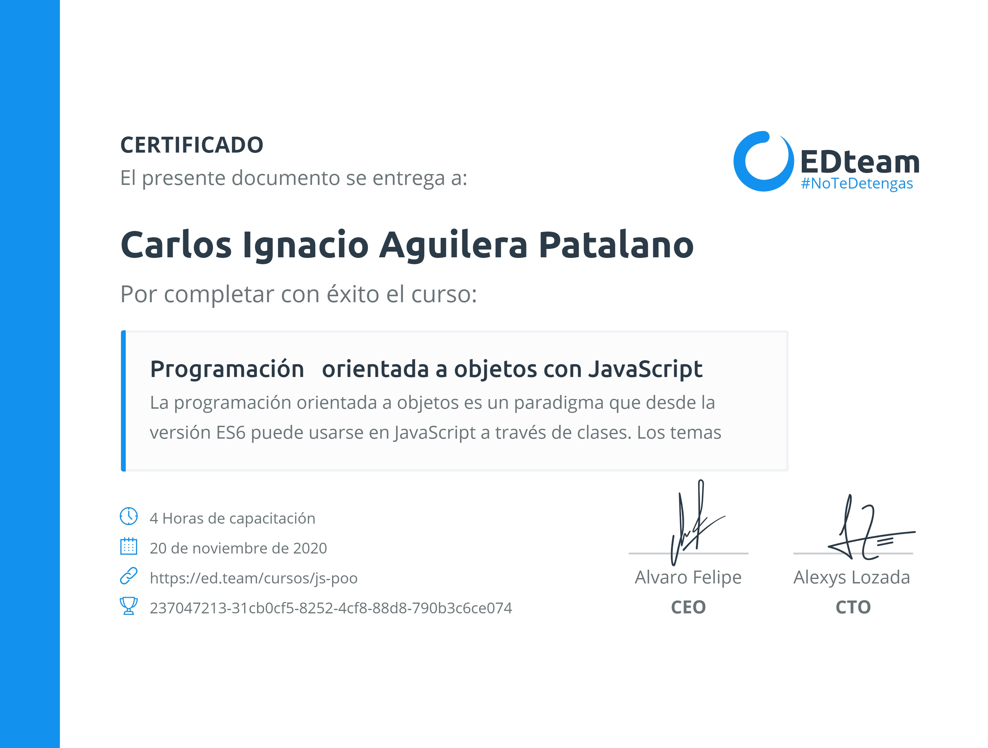Certificado de Carlos Ignacio Aguilera Patalano del curso Programación orientada a objetos con JavaScript