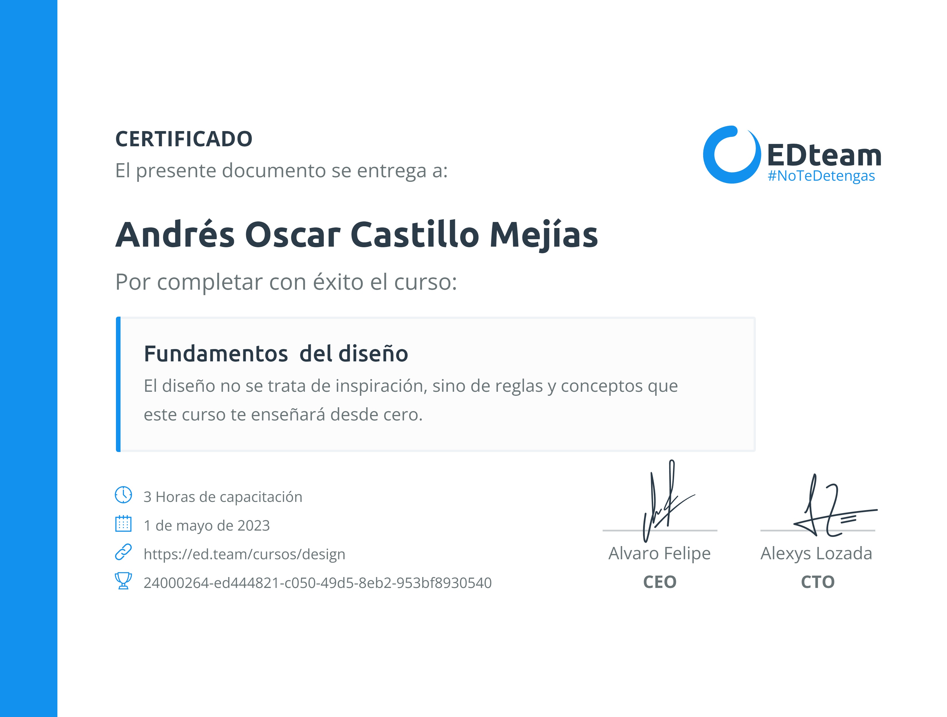 Certificado de Andrés Castillo del curso Fundamentos del diseño