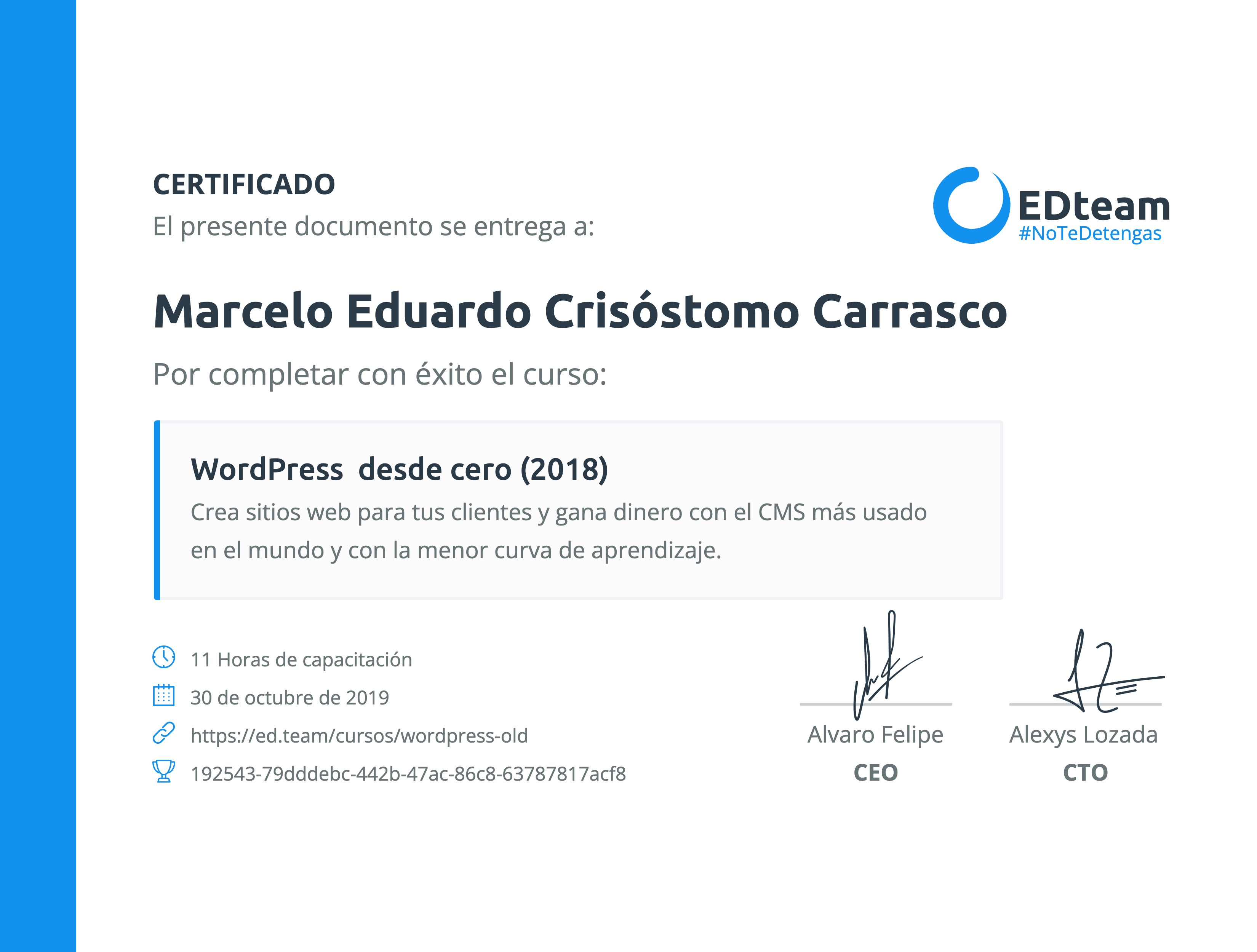 Certificado de Marcelo Eduardo Crisóstomo Carrasco del curso WordPress desde cero (2018)