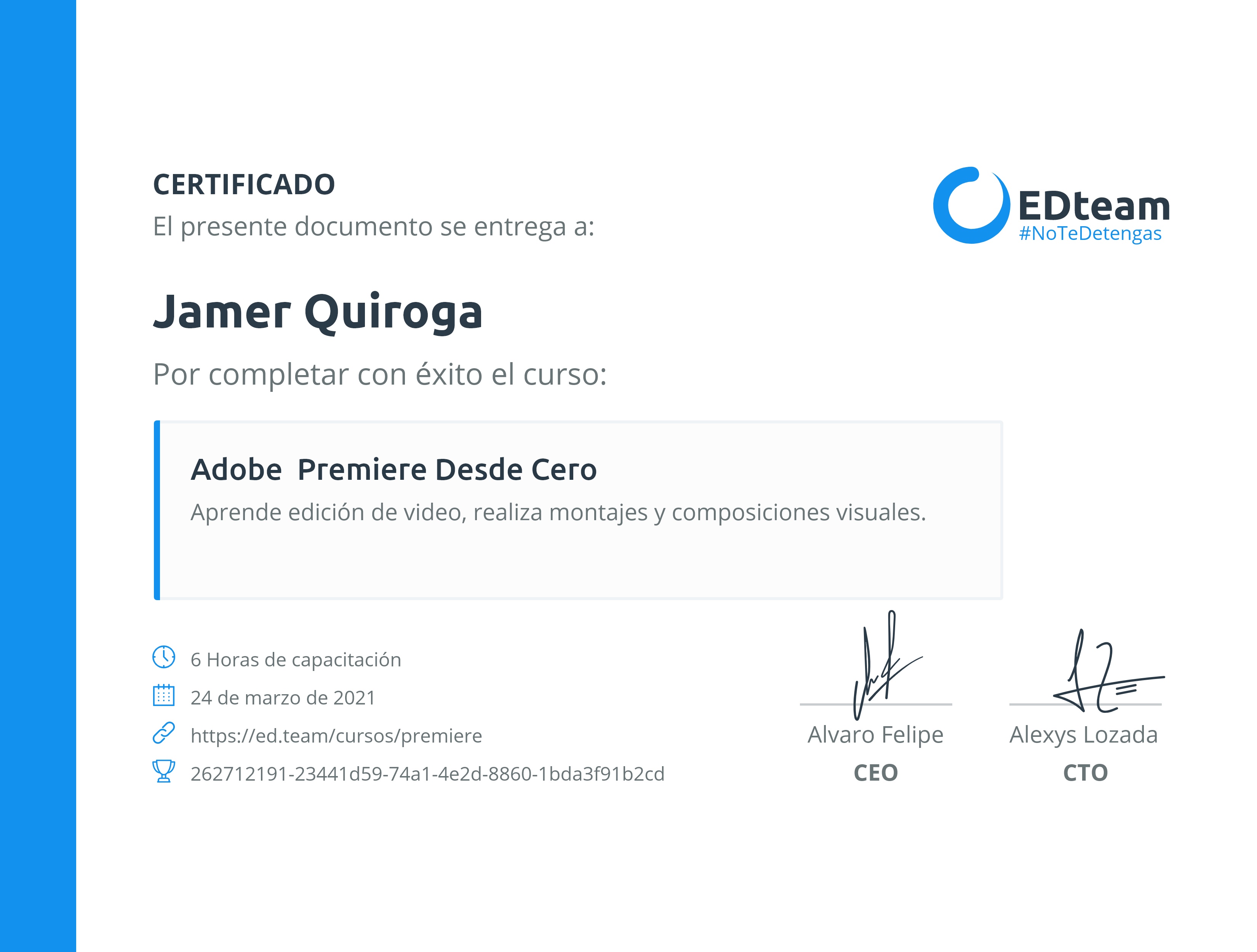 Certificado de Jamer Quiroga del curso Adobe Premiere desde cero