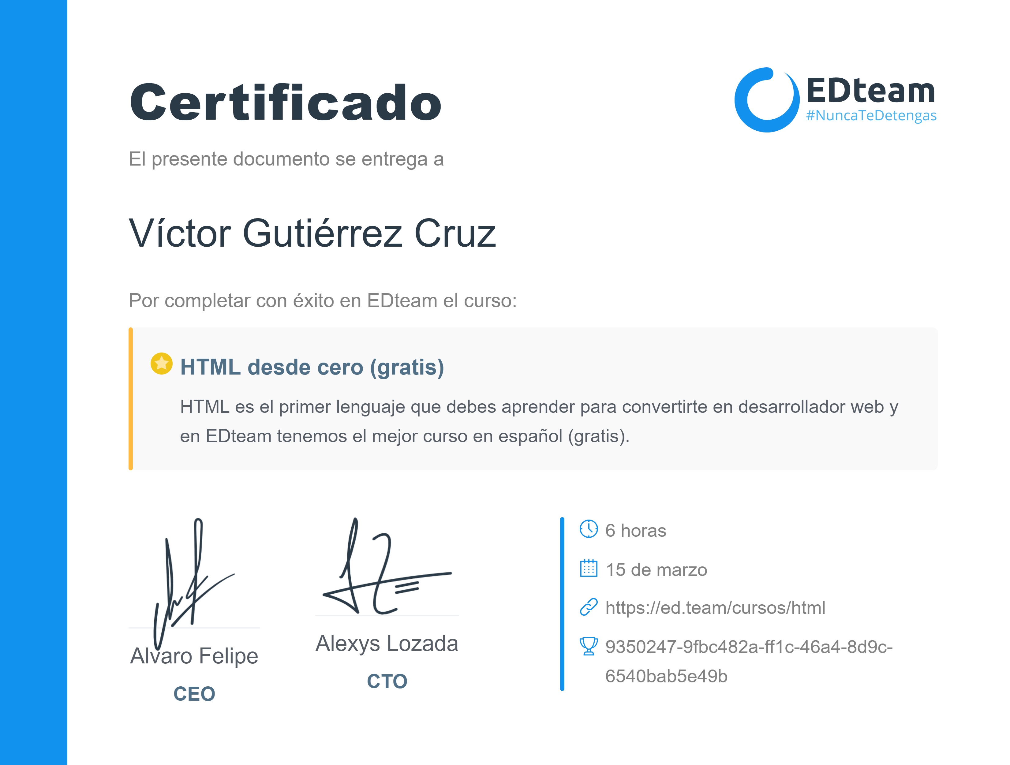 Certificado de Víctor Gutiérrez del curso HTML desde cero 2018 (gratis) (2018)