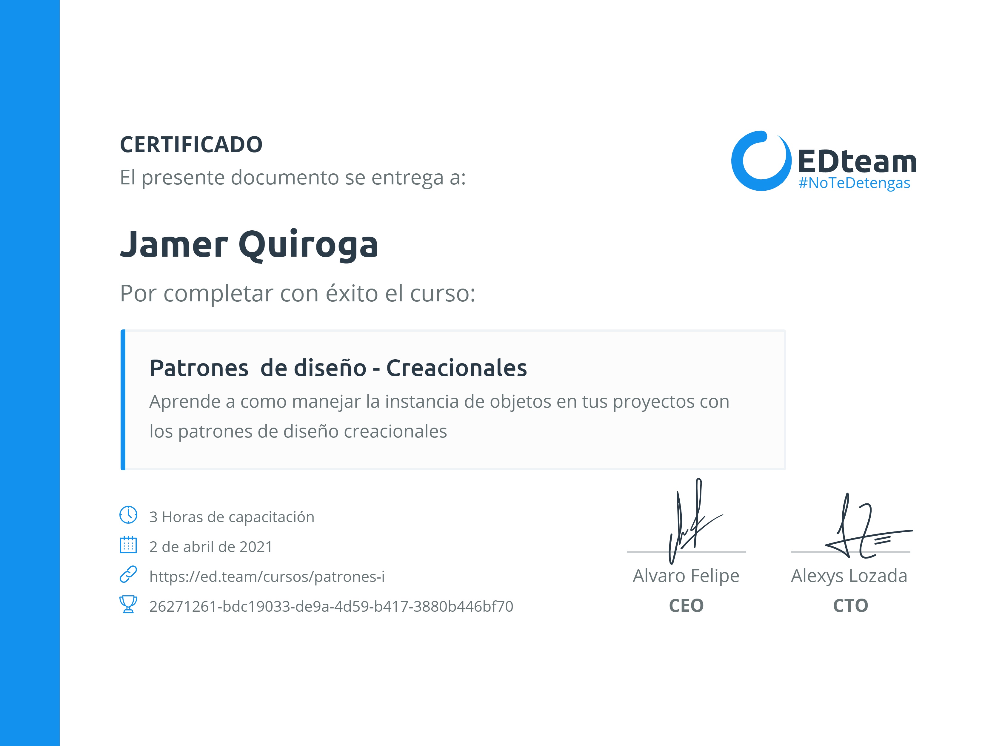 Certificado de Jamer Quiroga del curso Patrones de diseño - Creacionales