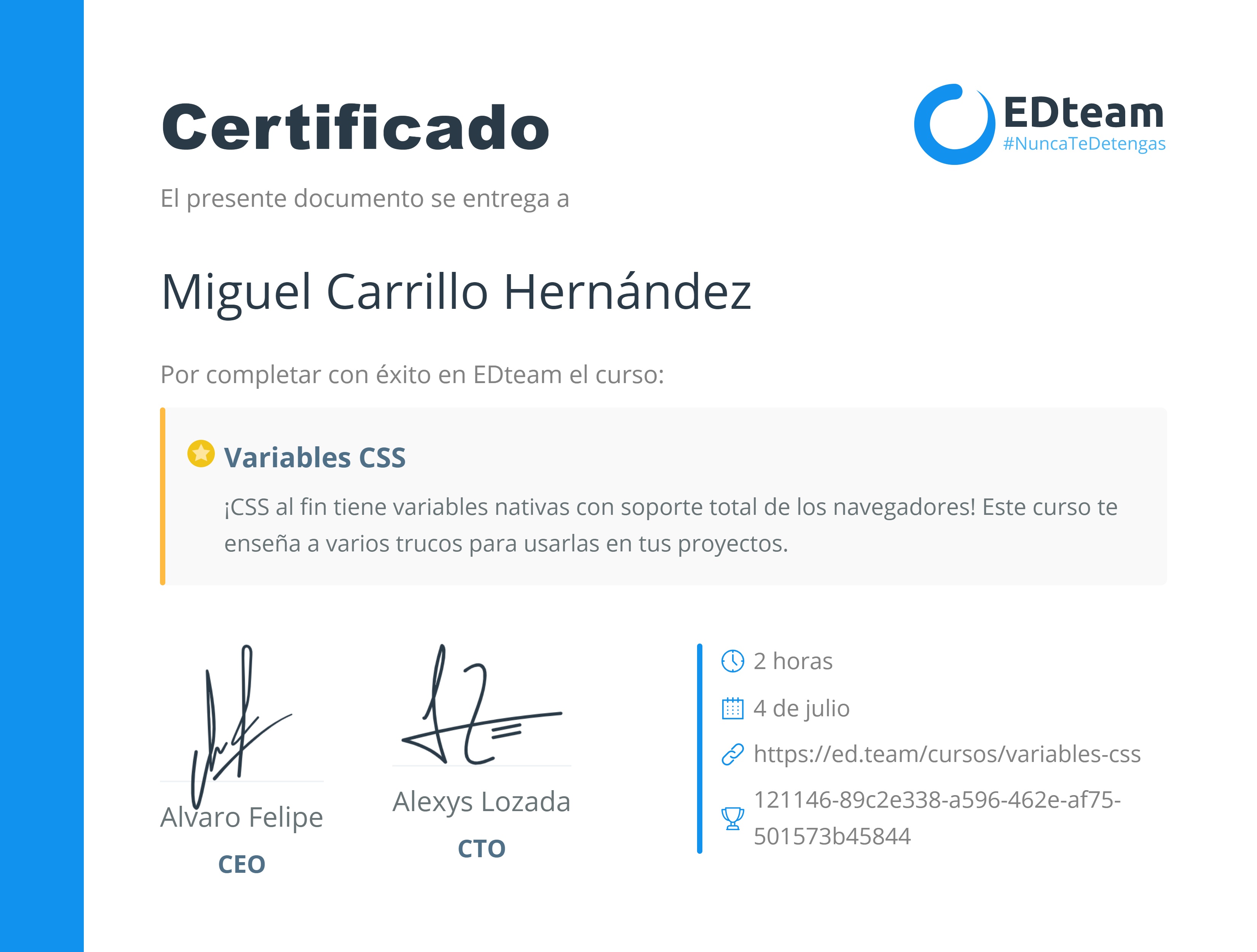 Certificado de Miguel Carrillo Hernández del curso Variables CSS