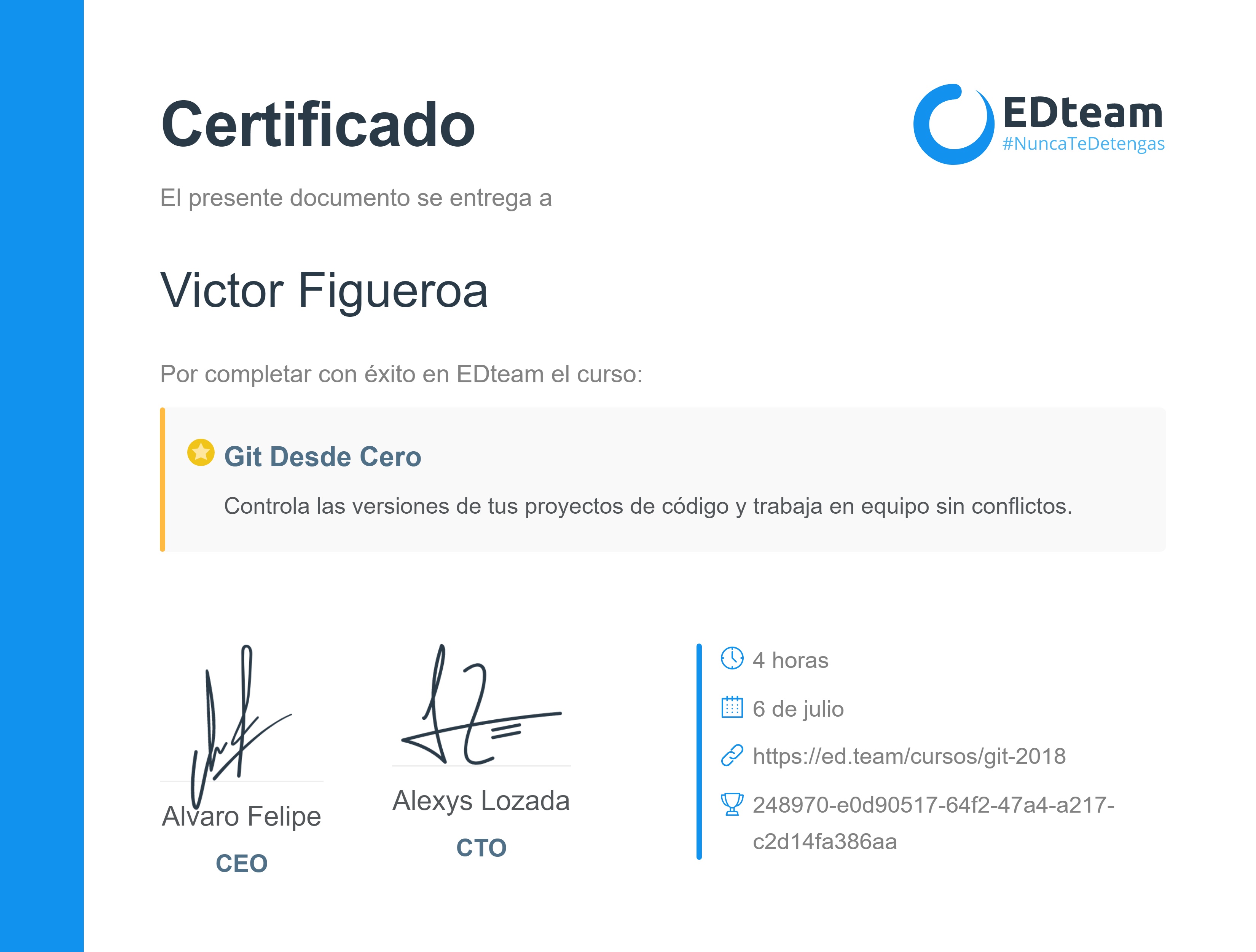 Certificado de Victor Figueroa del curso Git Desde Cero (2018)