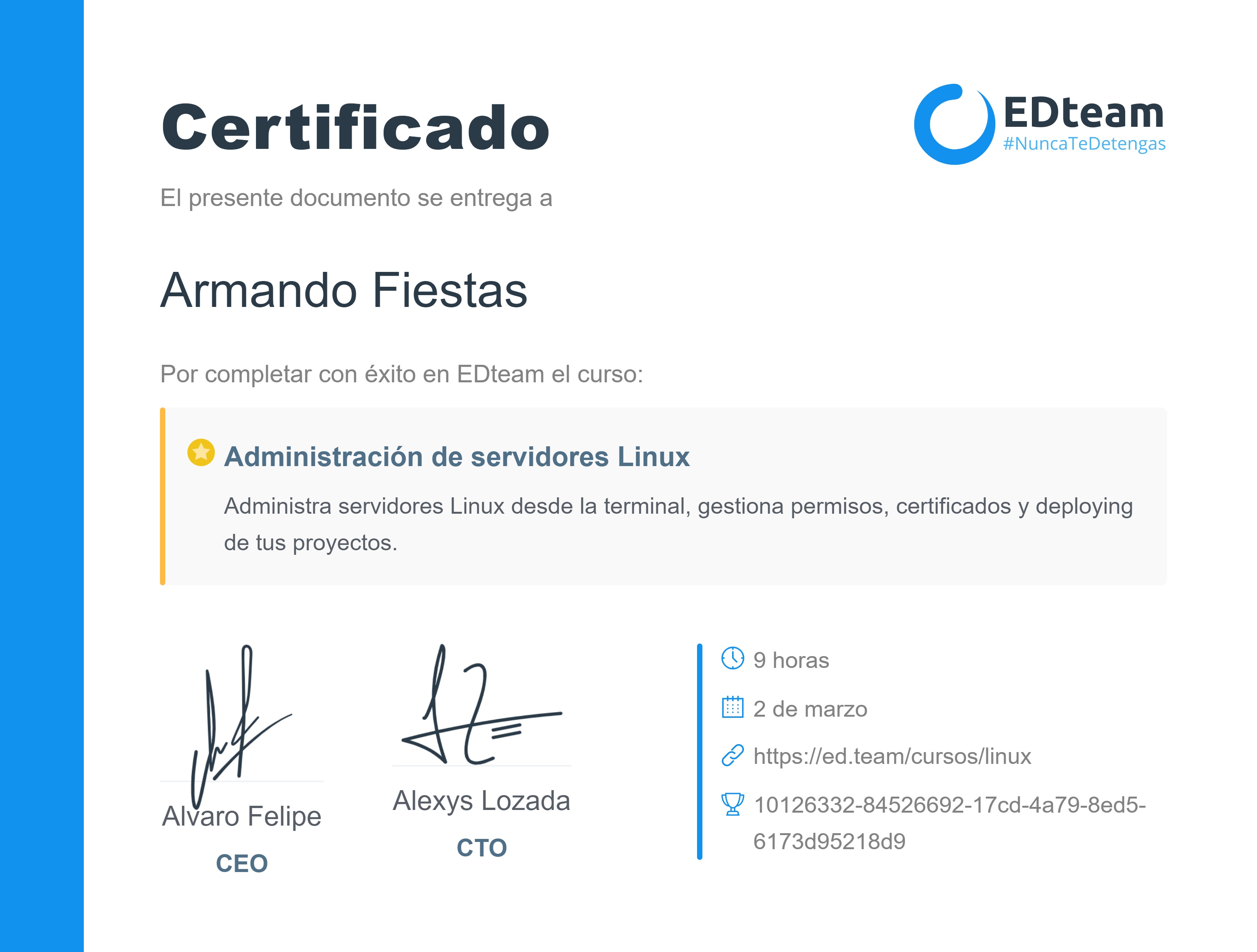 Certificado de Armando Fiestas del curso Administración de servidores Linux