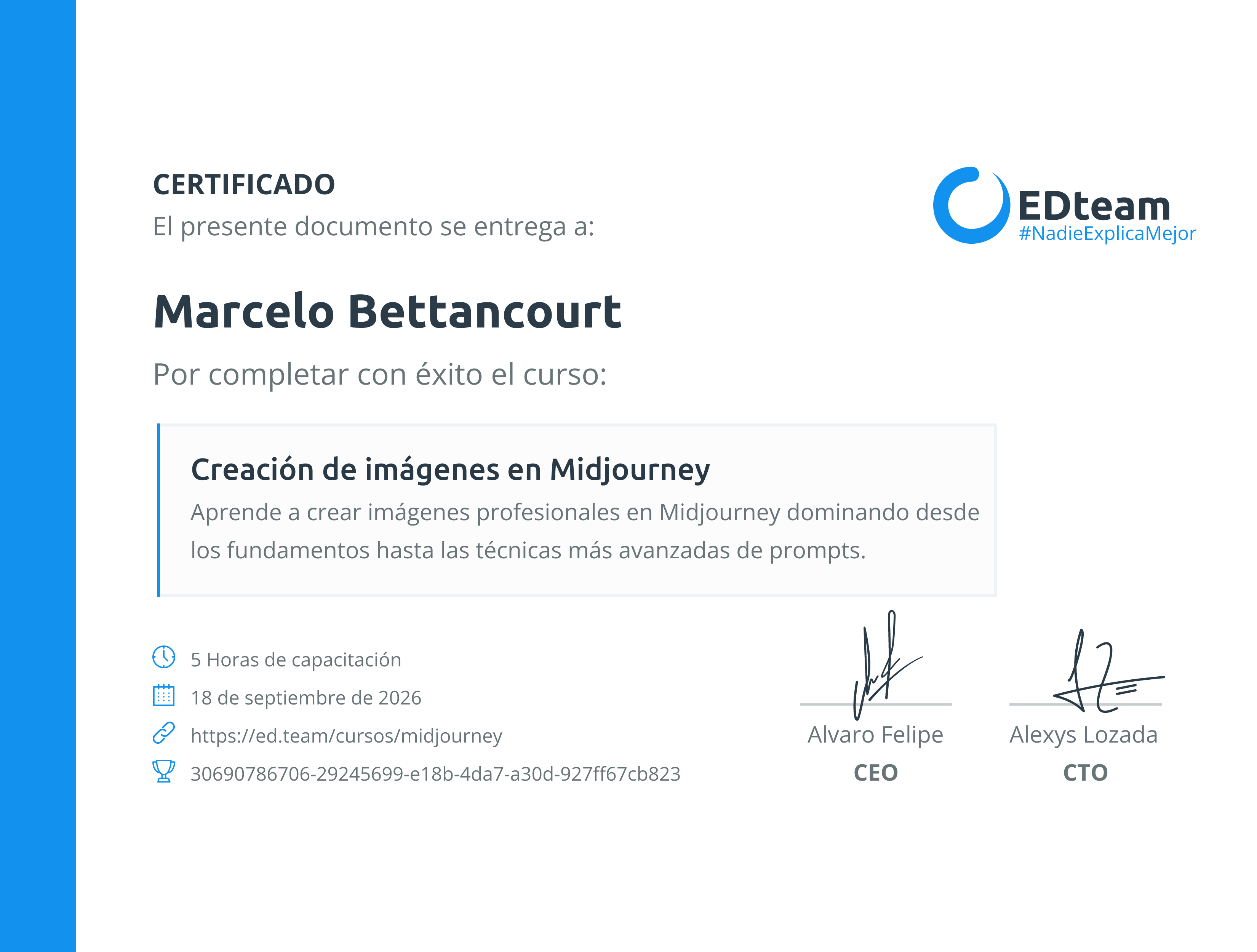 Certificado de Marcelo Bettancourt del curso Creación de imágenes en Midjourney