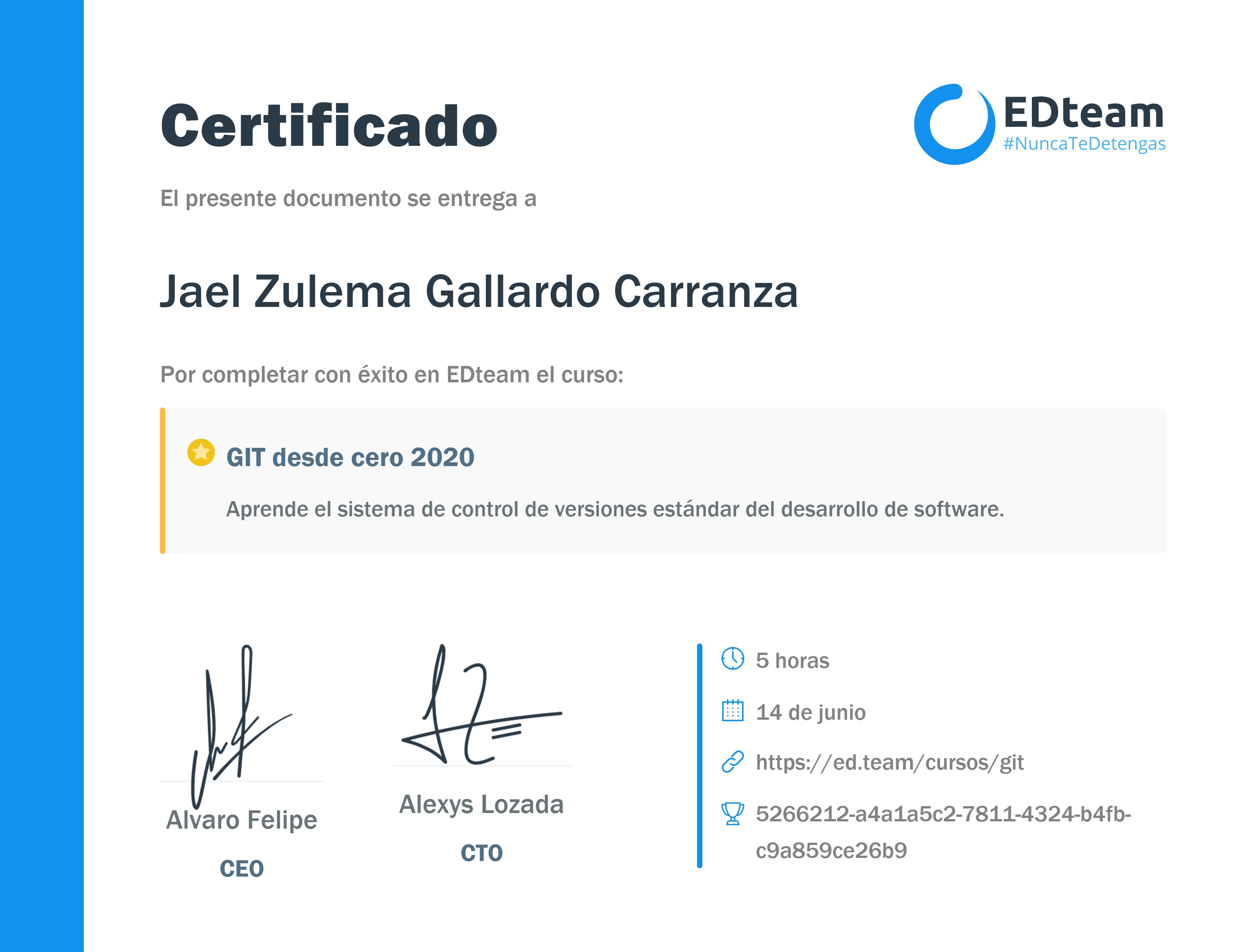 Certificado de Jael Zulema Gallardo Carranza del curso GIT desde cero