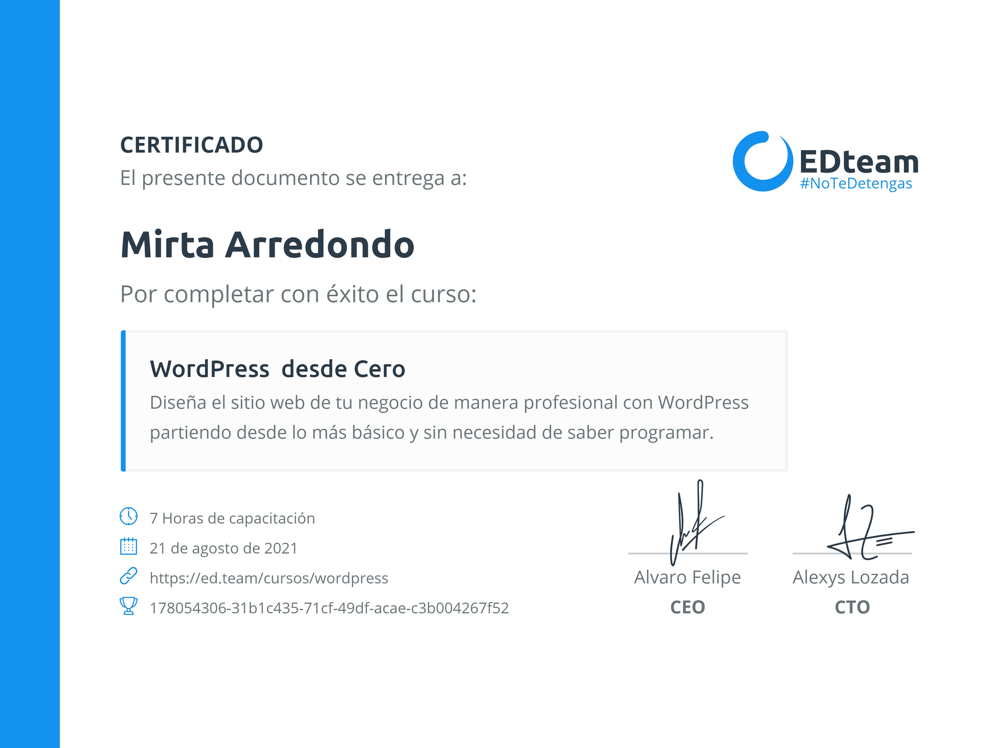 Certificado de Mirta Arredondo del curso WordPress desde Cero