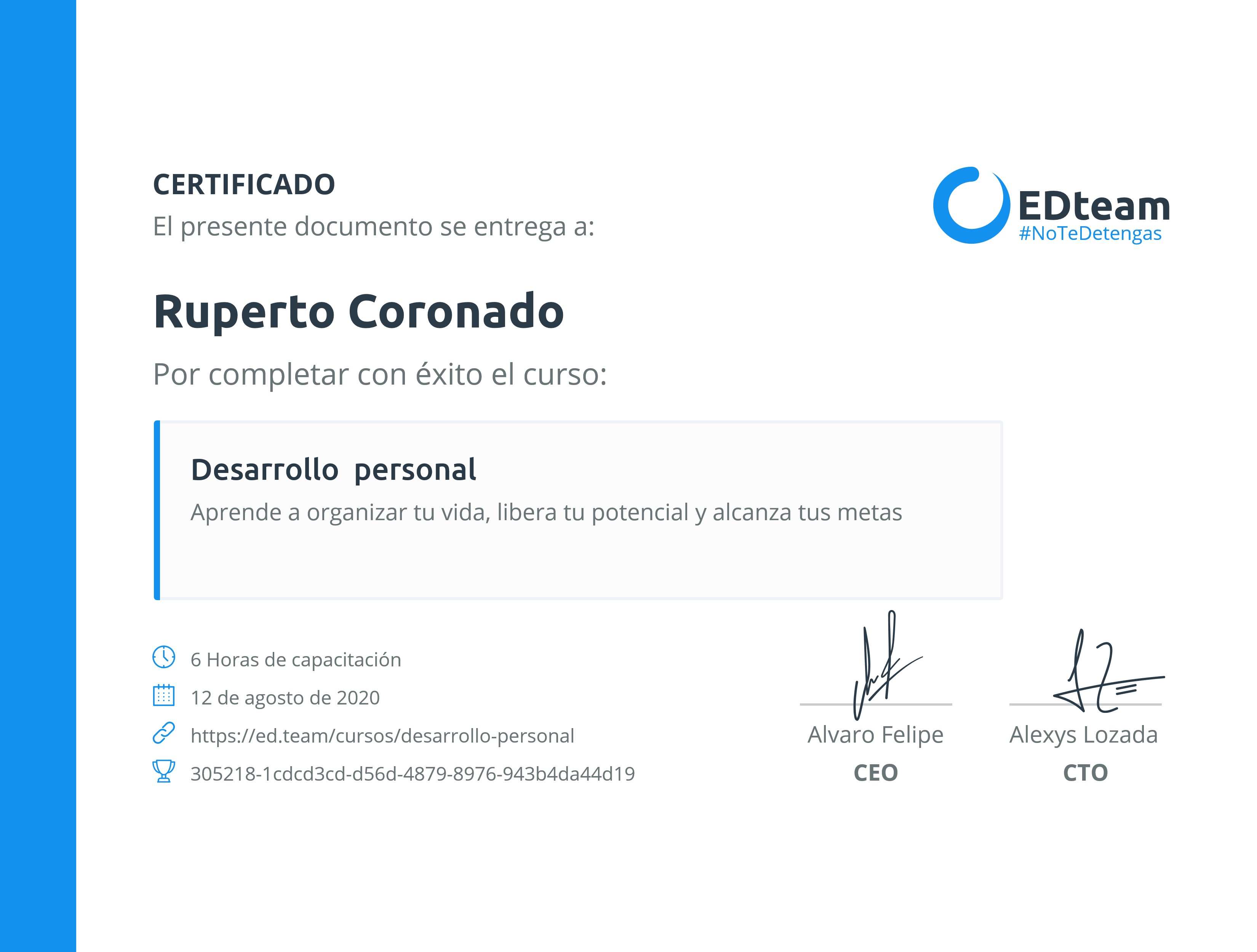 Certificado de Ruperto Coronado del curso Desarrollo personal