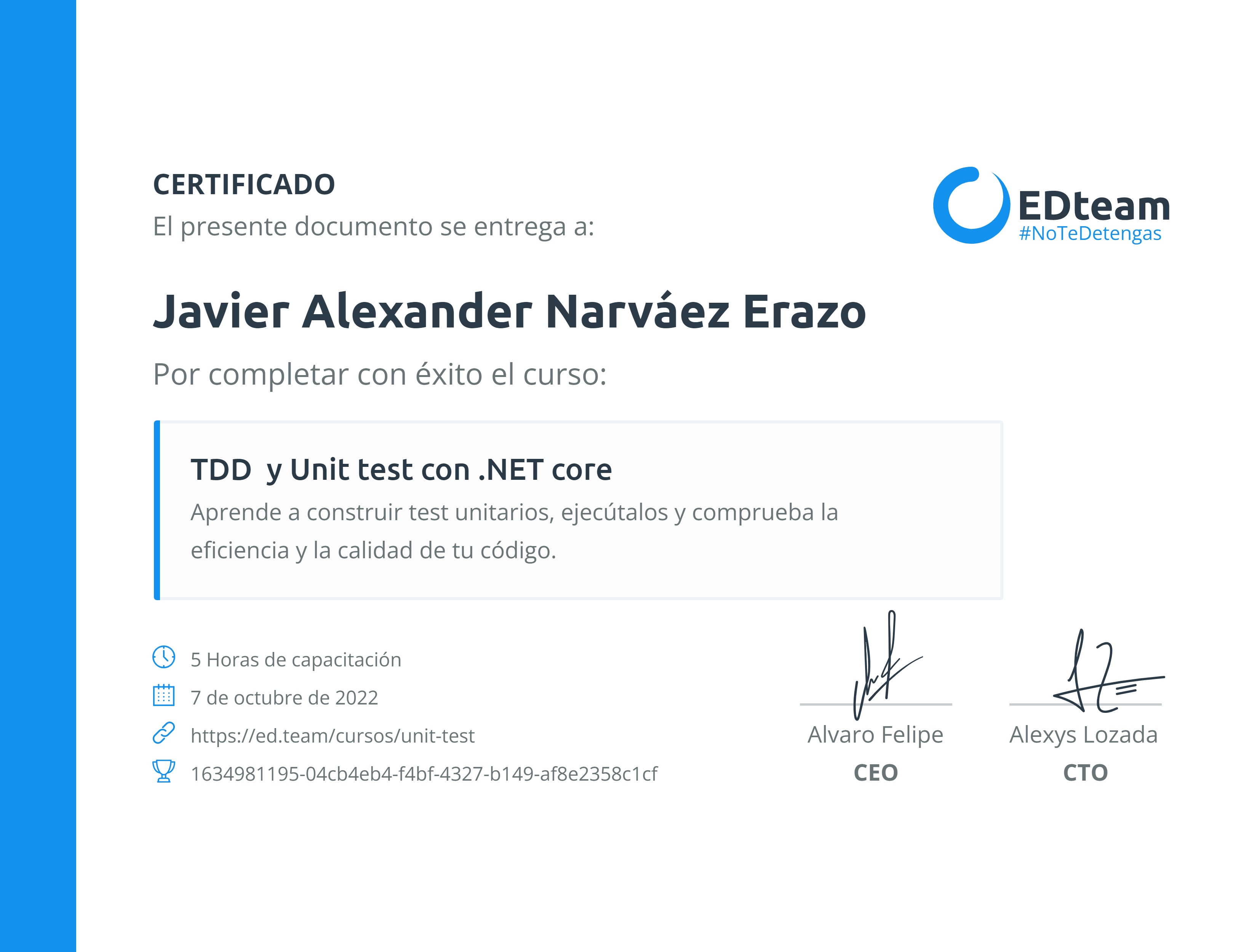 Certificado de Javier Alexander Narváez Erazo del curso TDD y Unit test con .NET core