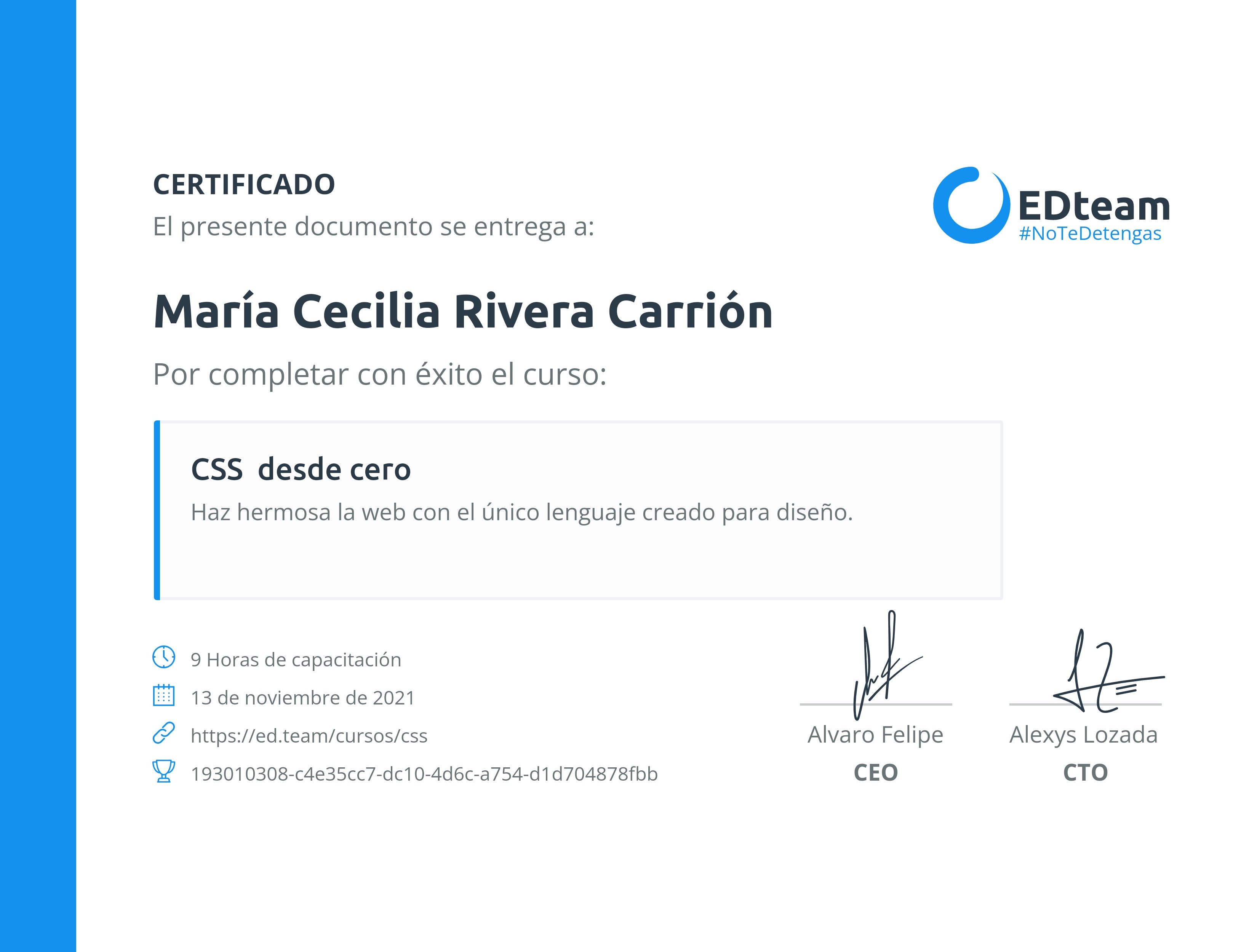 Certificado de María Cecilia Rivera Carrión del curso CSS desde cero (2020)