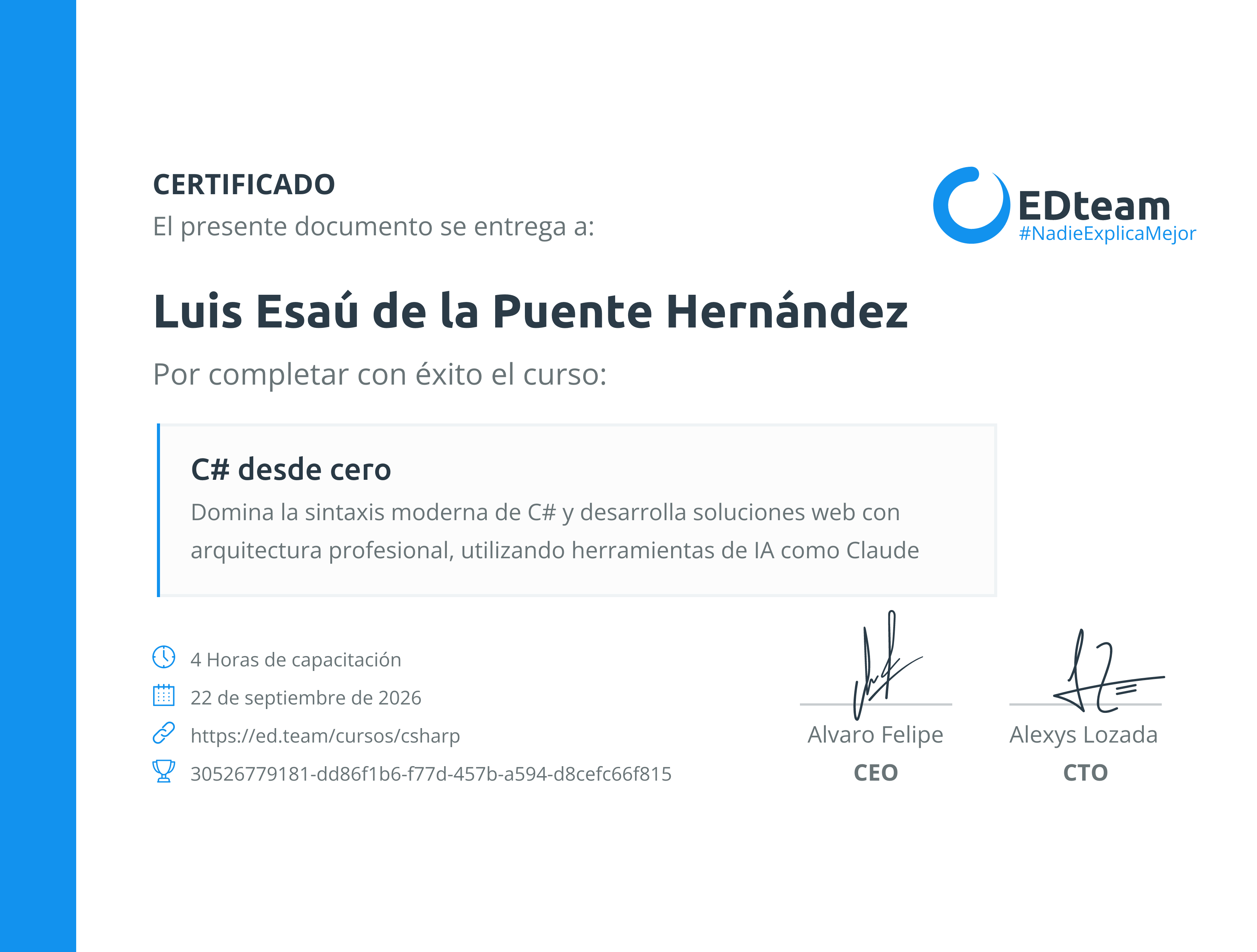 Certificado de Luis Esaú de la Puente Hernández del curso C# desde cero