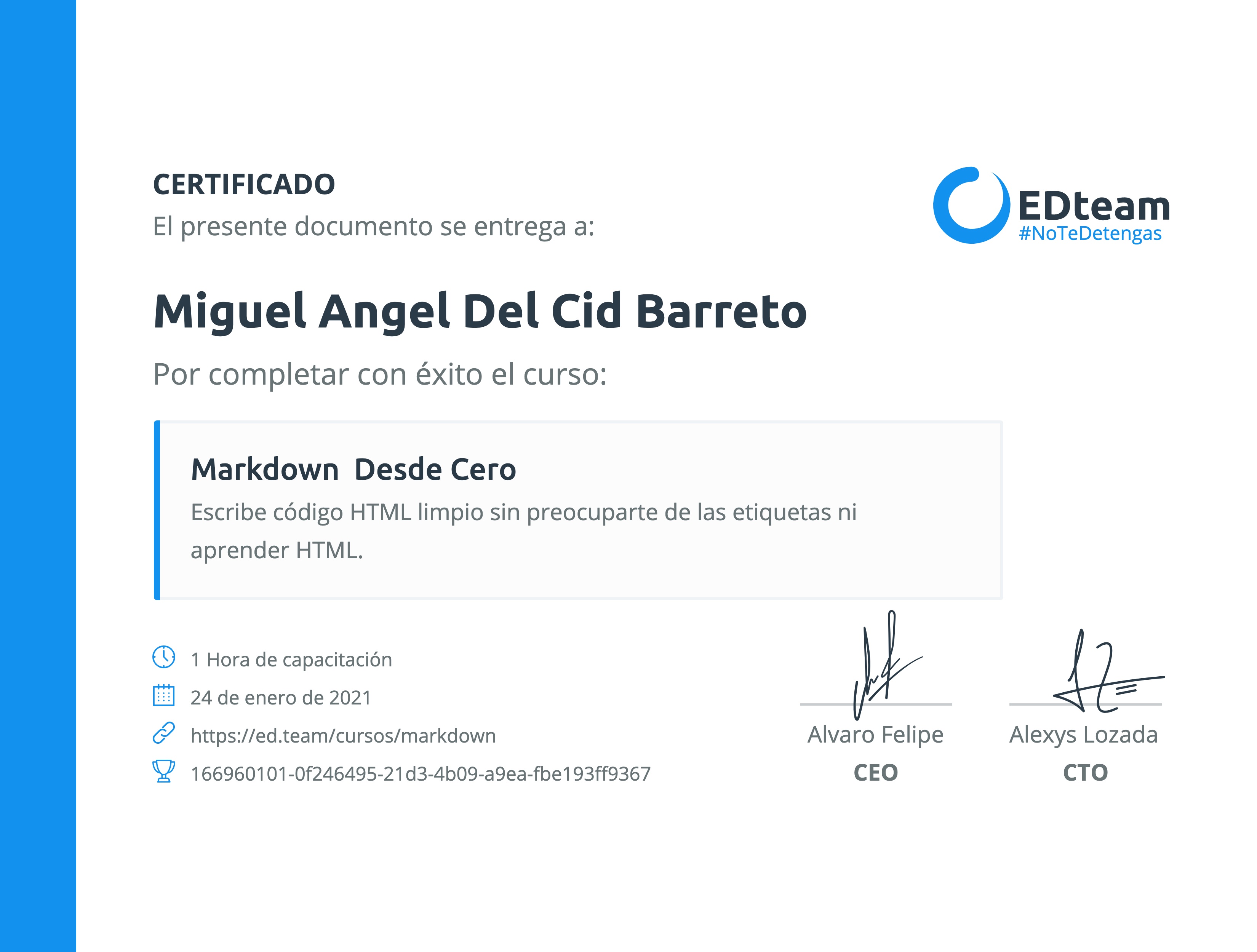 Certificado de Miguel Angel Del Cid Barreto del curso Markdown desde cero (Gratis)