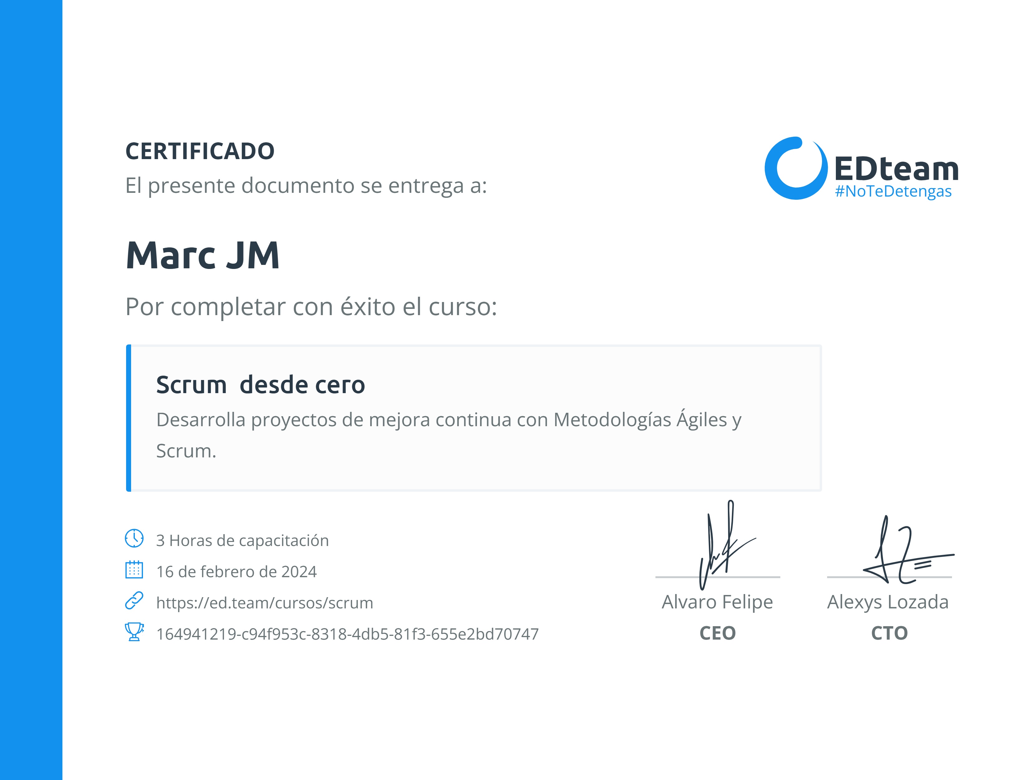 Certificado de Marc JM del curso Scrum desde cero