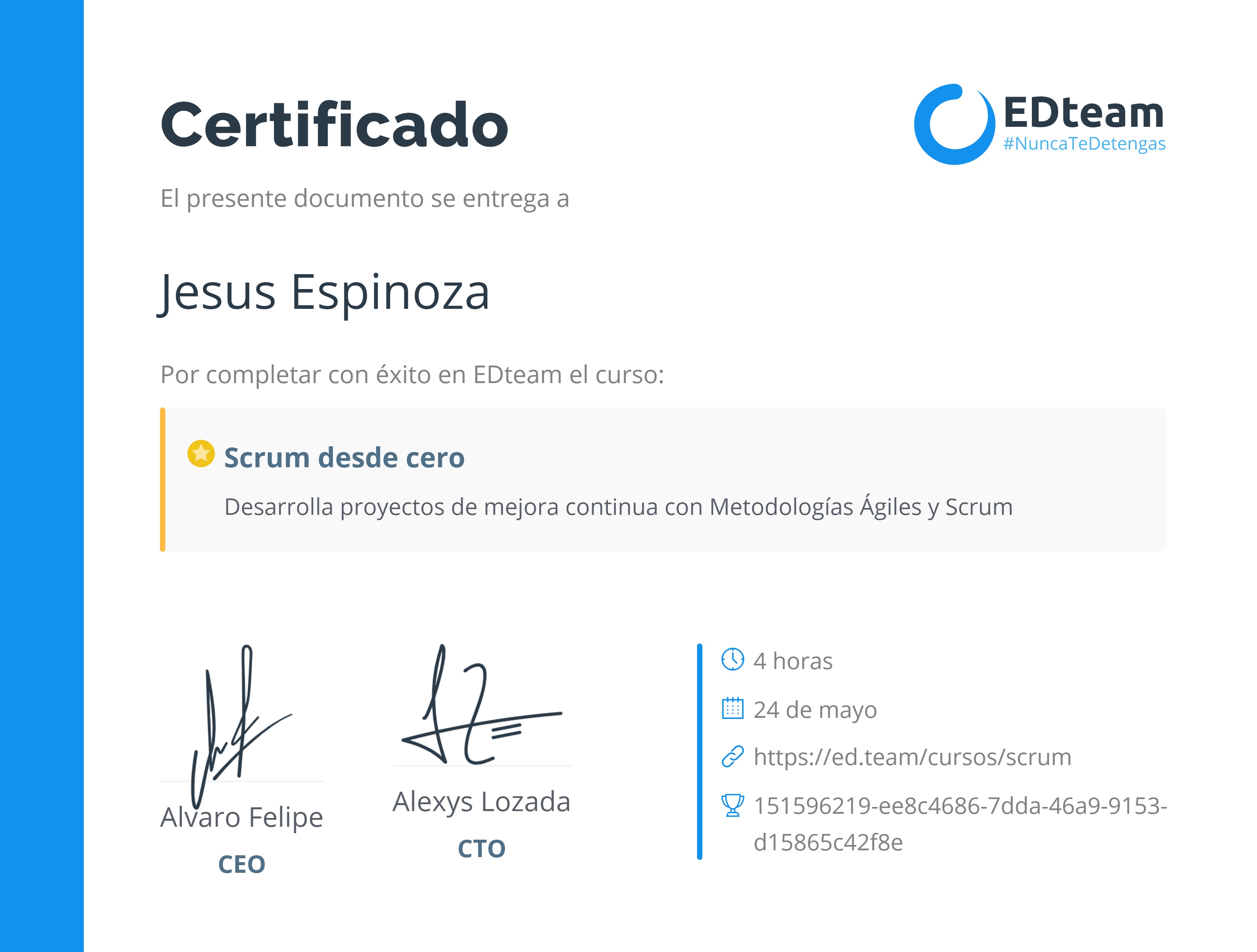 Certificado de Jesus Espinoza del curso Scrum desde cero