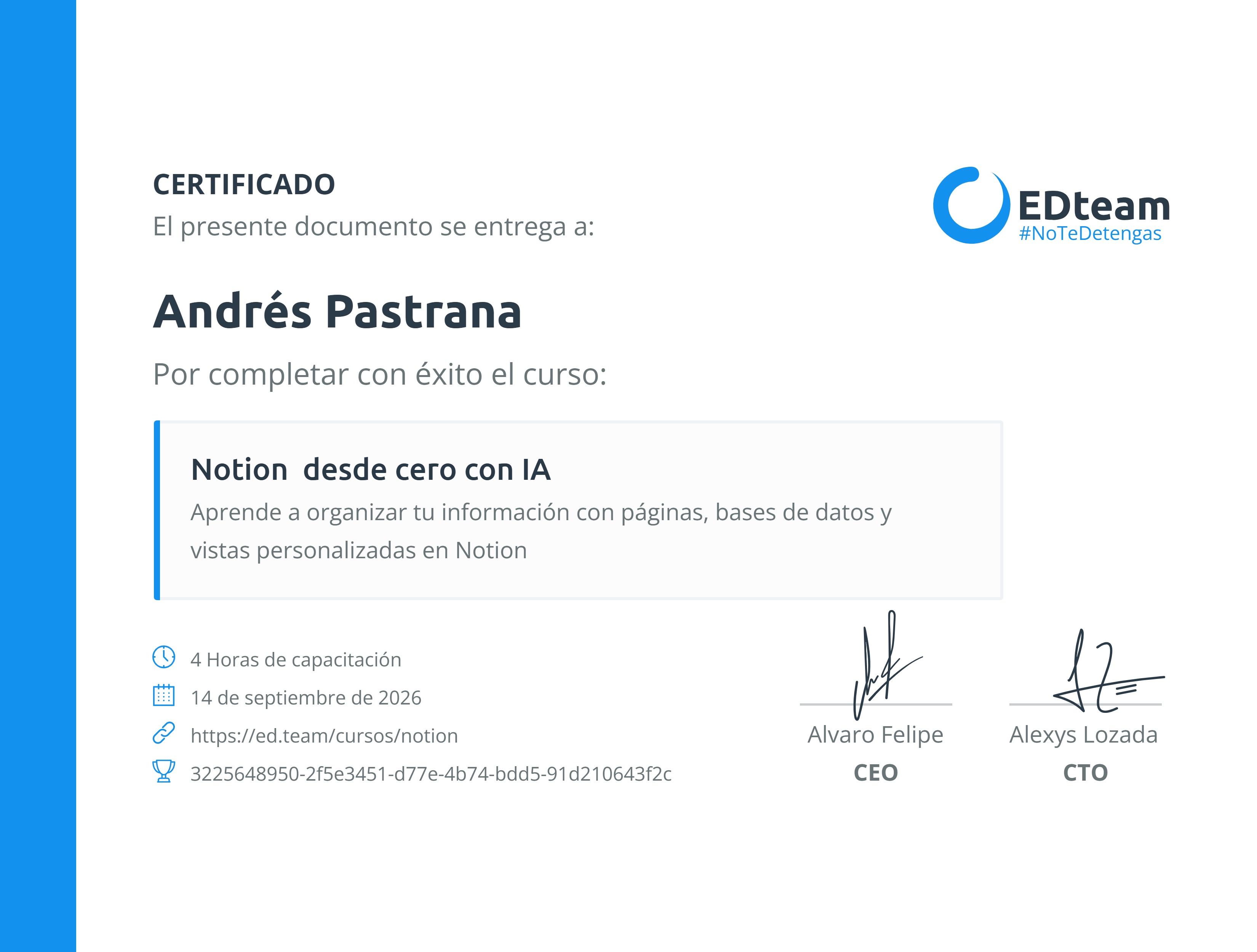 Certificado de Andrés Pastrana del curso Notion desde cero con IA