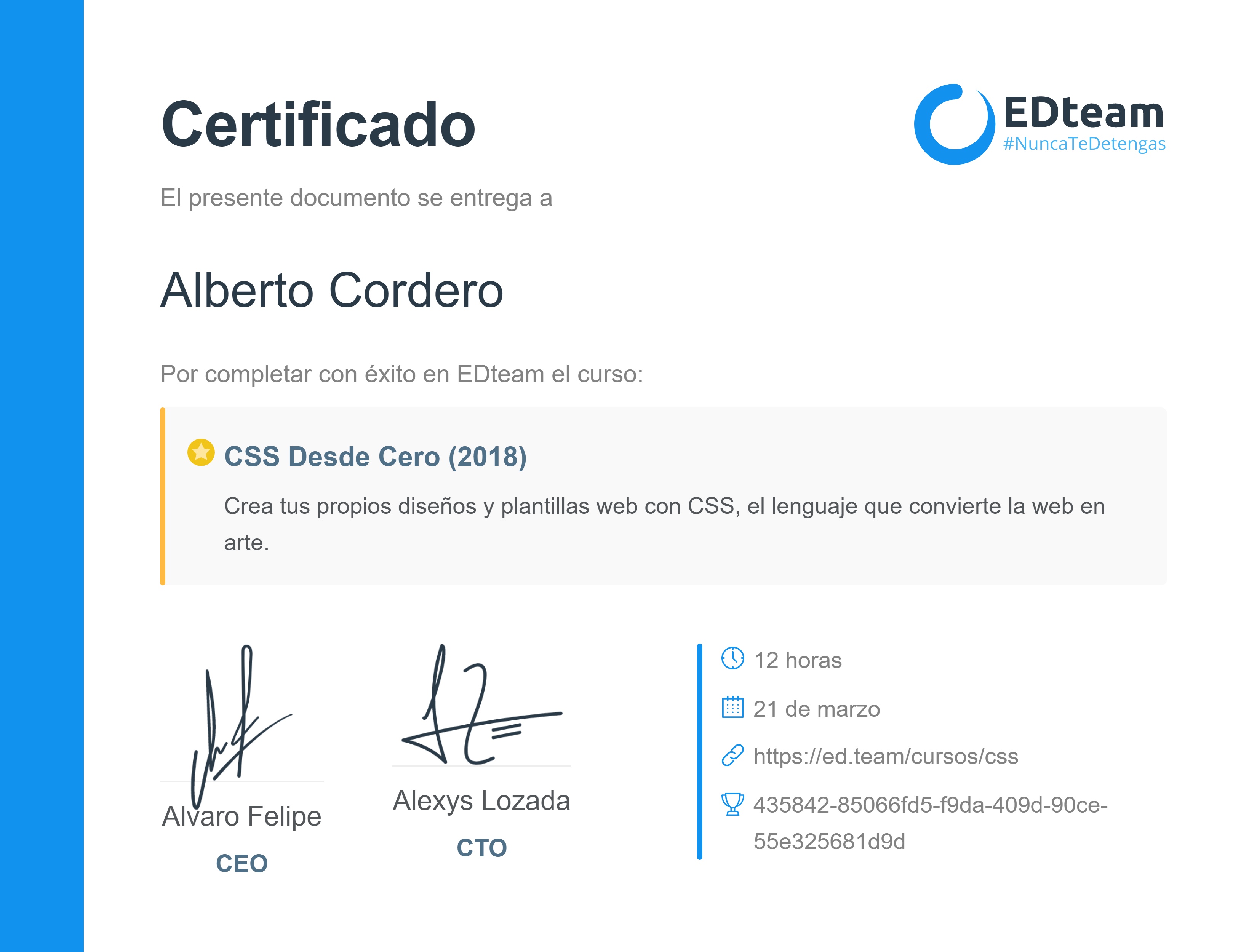 Certificado de Alberto Cordero Arellanes del curso CSS Desde Cero (2018)