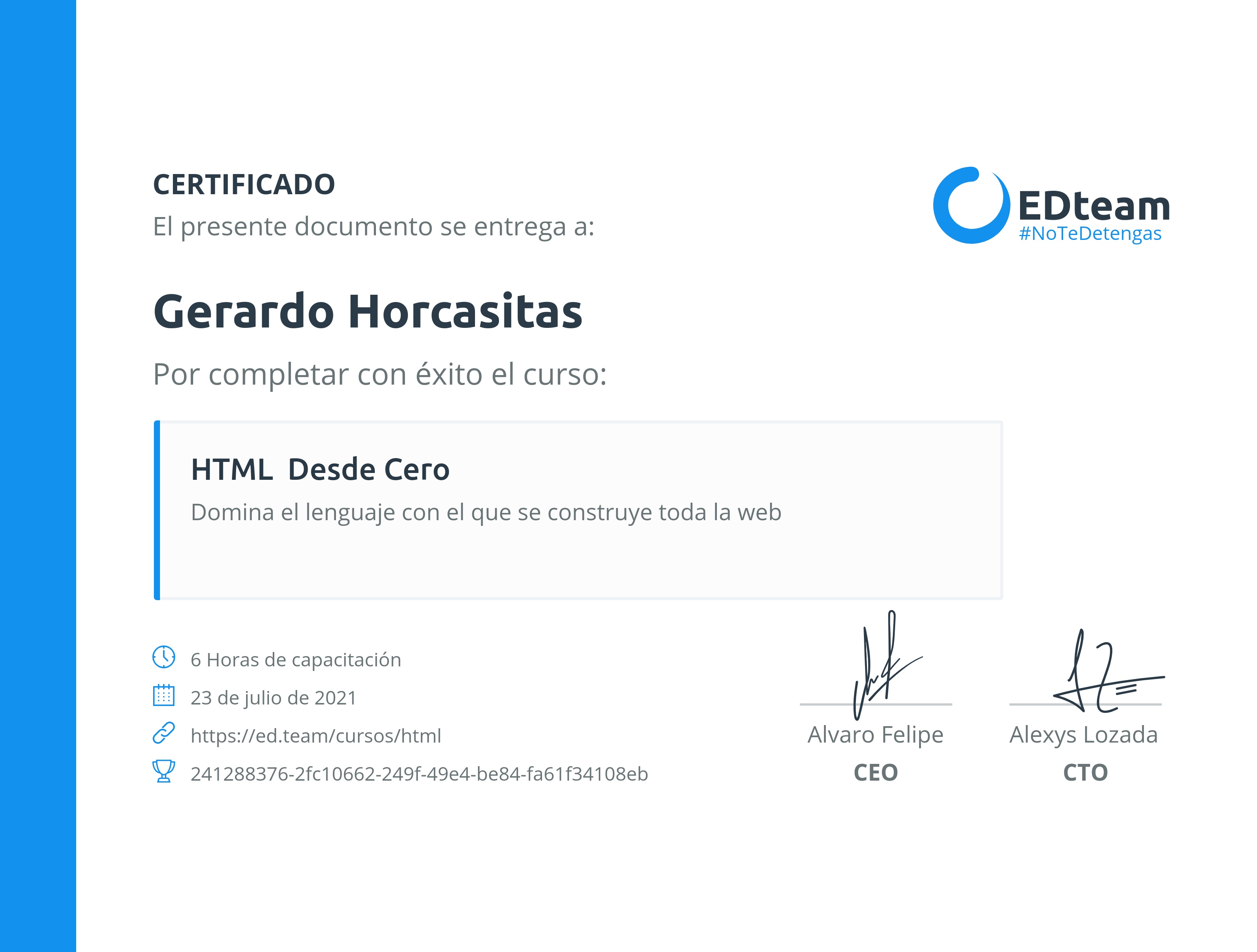 Certificado de Gerardo Horcasitas del curso HTML desde cero