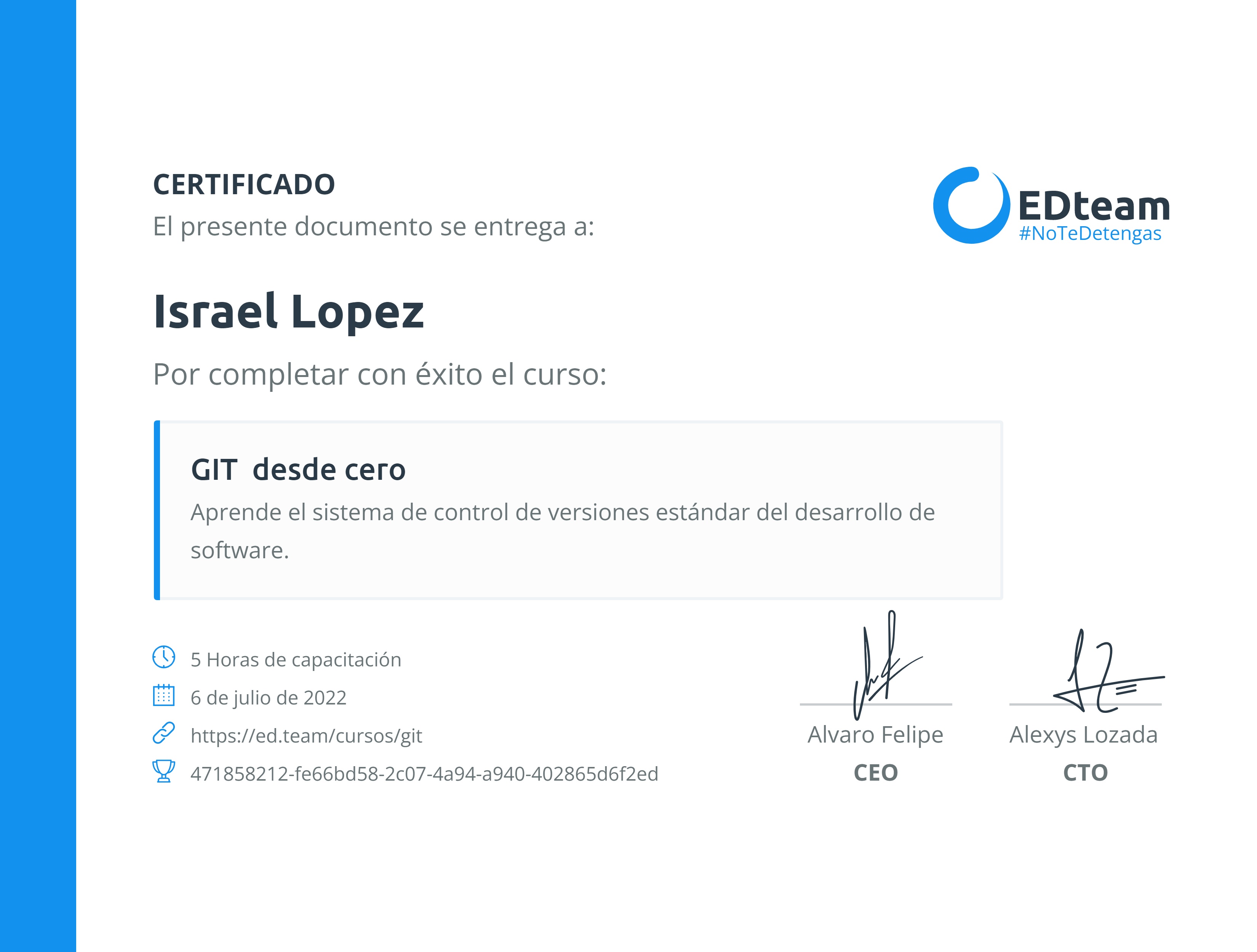 Certificado de Israel López López del curso GIT desde cero
