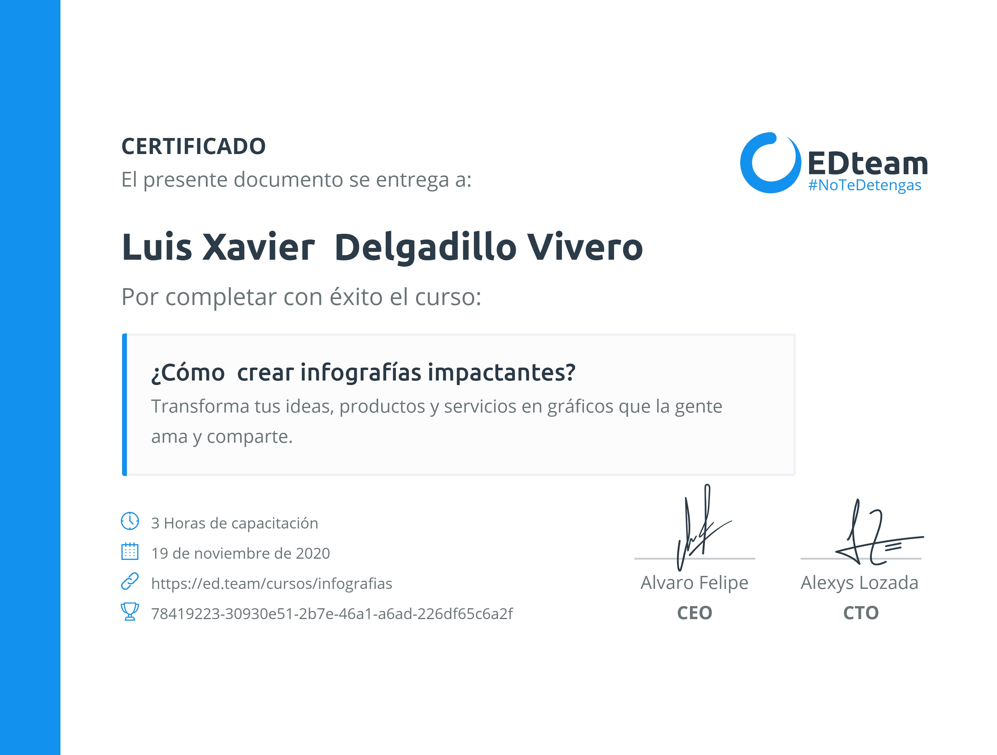 Certificado de Luis Xavier Delgadillo Vivero del curso ¿Cómo crear infografías impactantes?