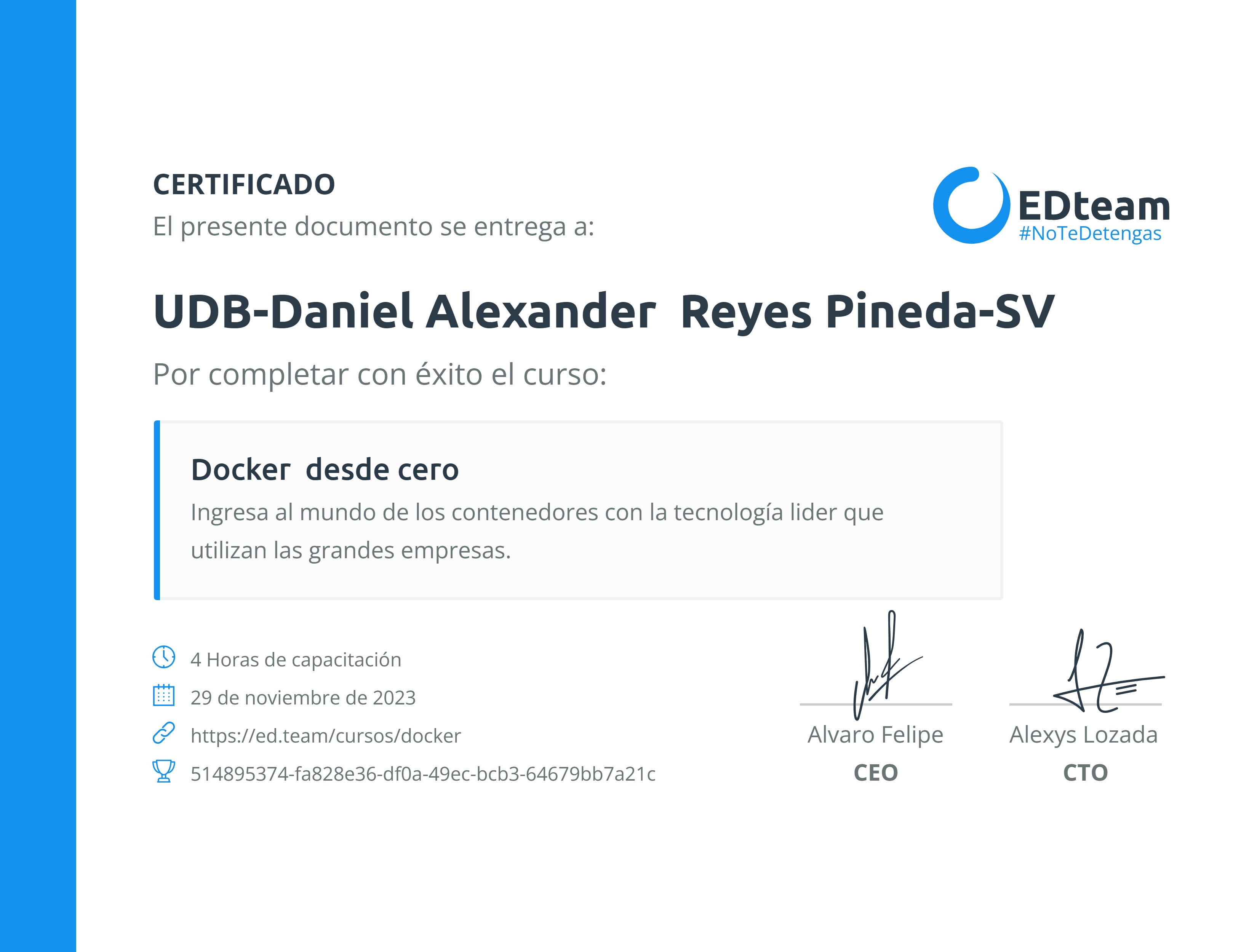 Certificado de UDB-Daniel Alexander Reyes Pineda-SV del curso Docker desde cero