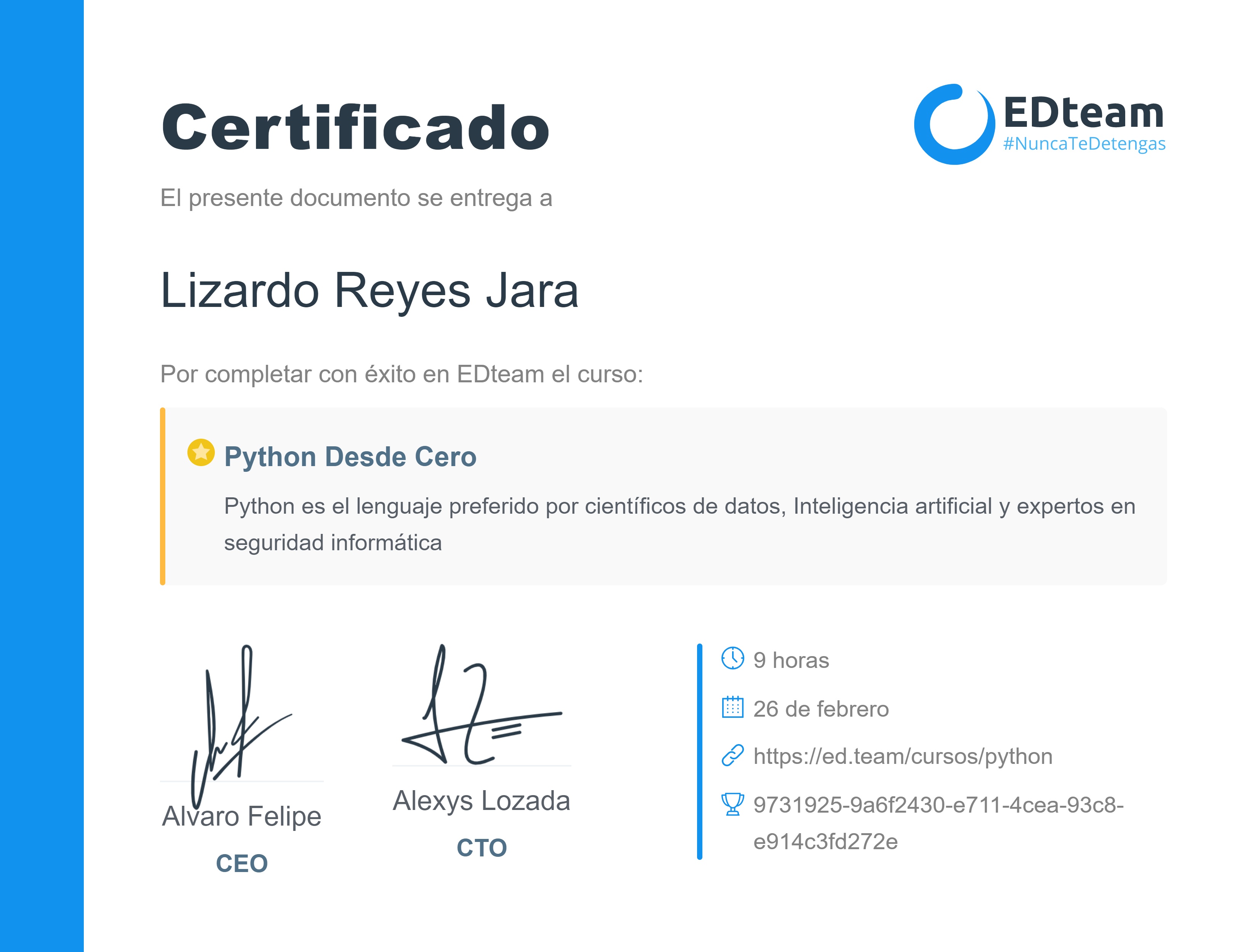 Certificado de Lizardo Reyes del curso Python Desde Cero (2017)