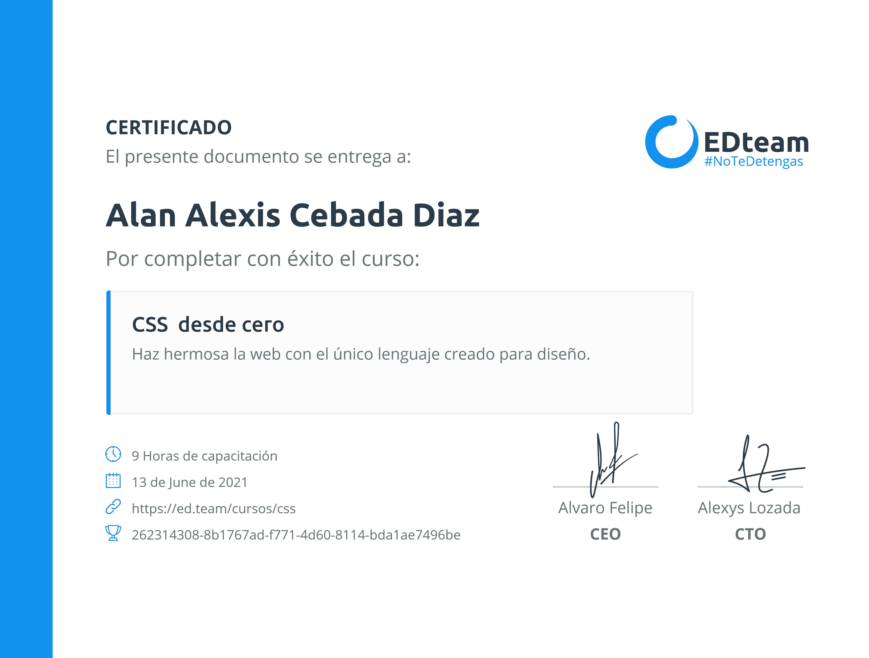 Certificado de Alan Alexis del curso CSS desde cero (2020)
