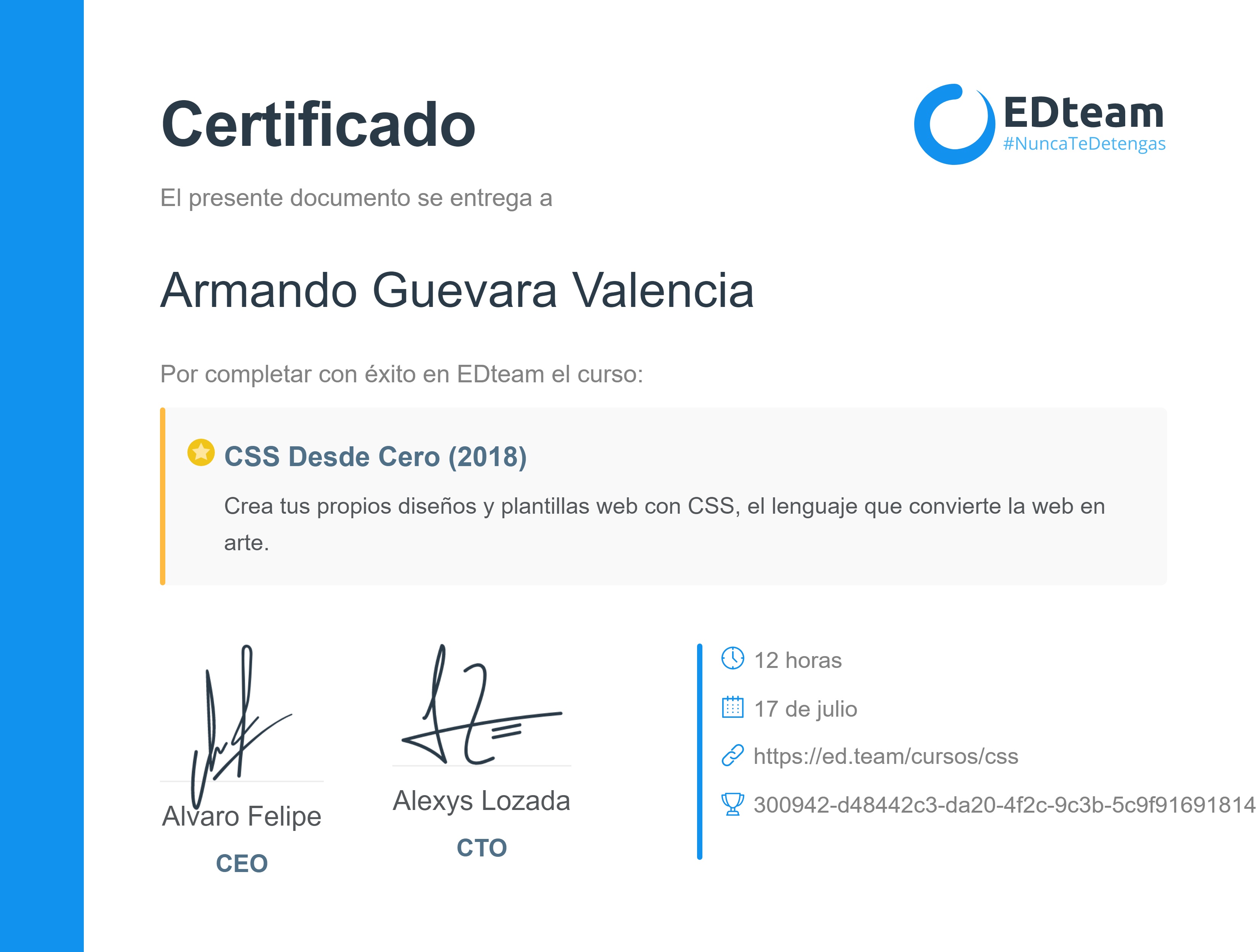 Certificado de Armando Javier Guevara Valencia del curso CSS Desde Cero (2018)