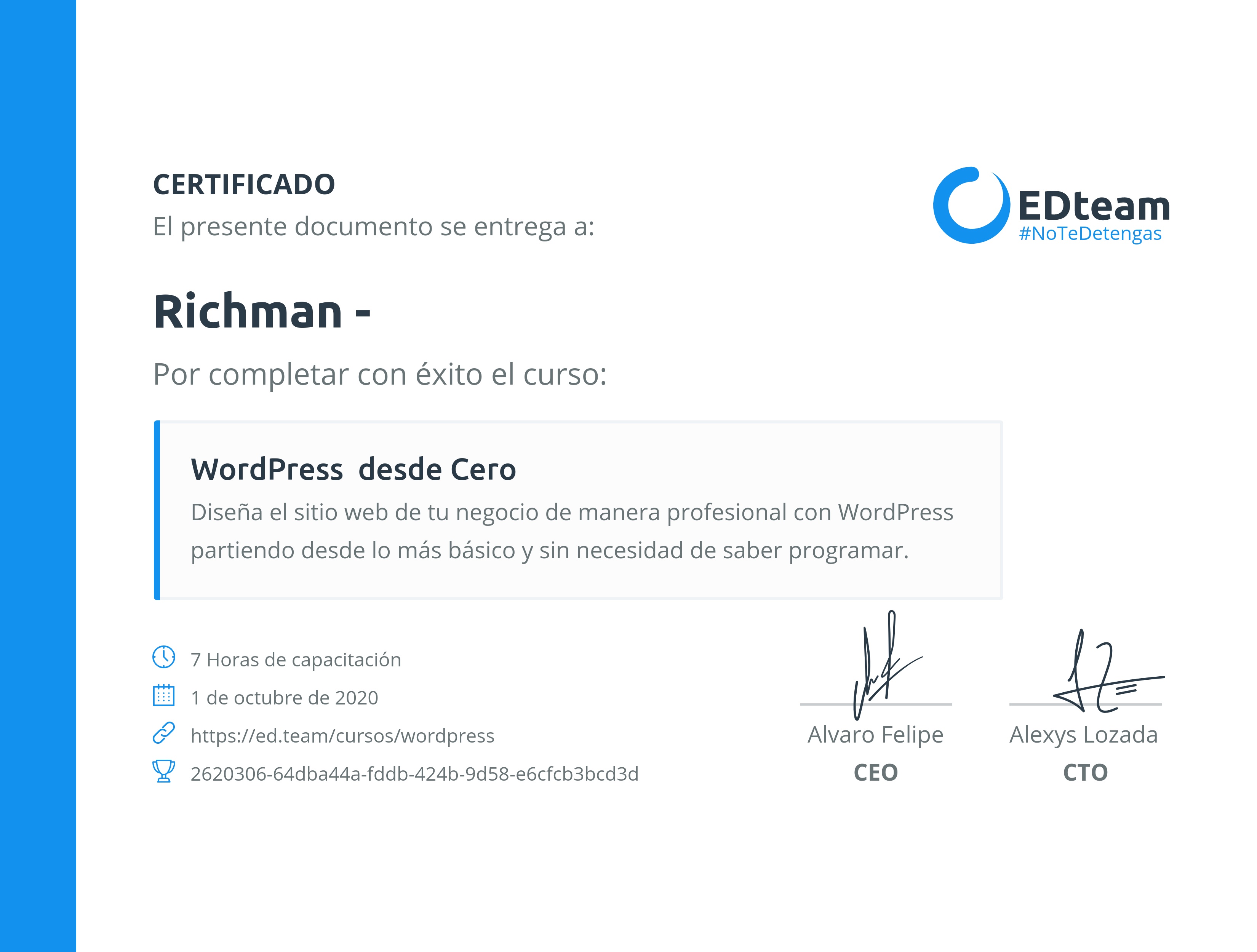 Certificado de Richman Pariona Torres del curso WordPress desde Cero