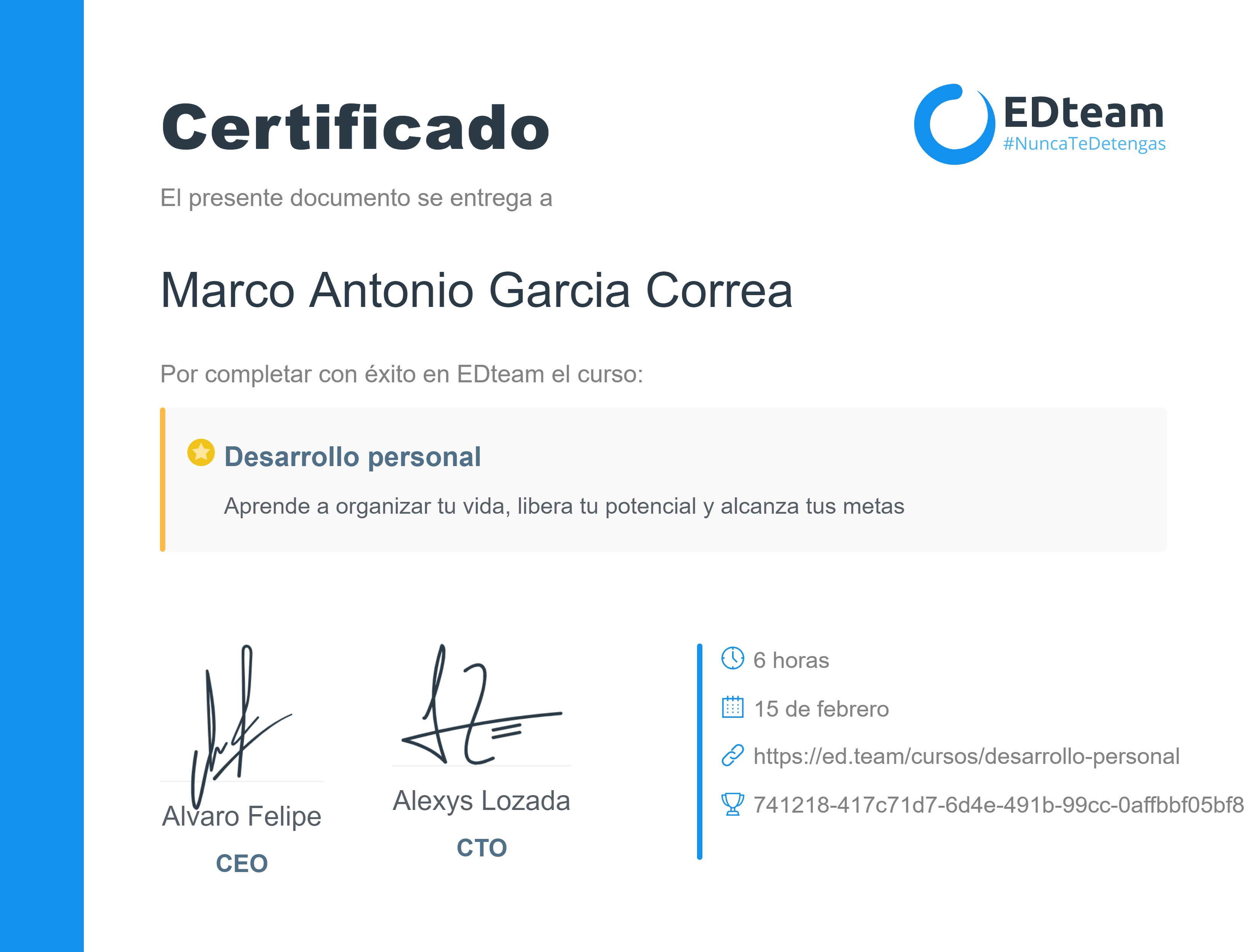 Certificado de Marco García del curso Desarrollo personal