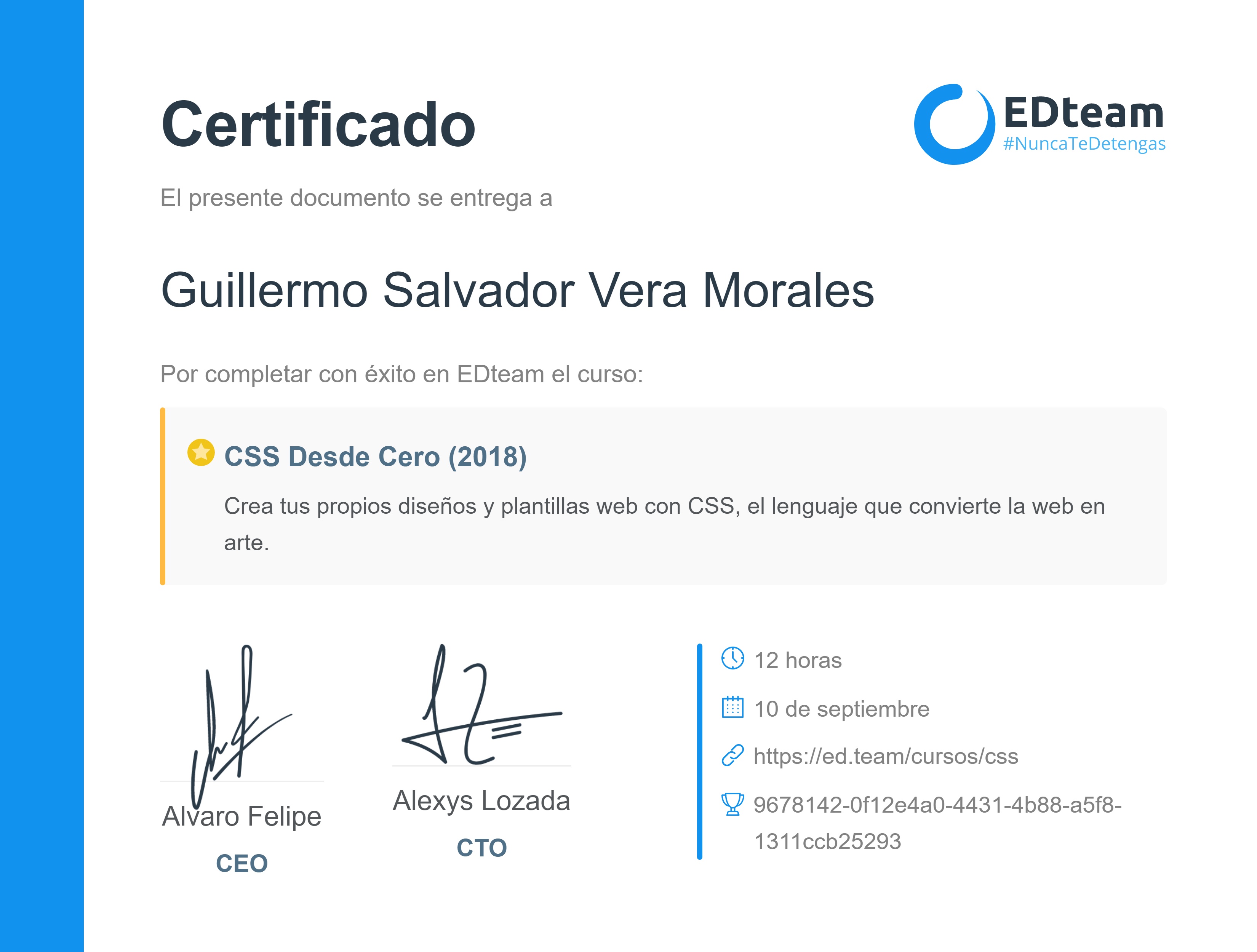 Certificado de Guillermo Salvador Vera Morales del curso CSS Desde Cero (2018)