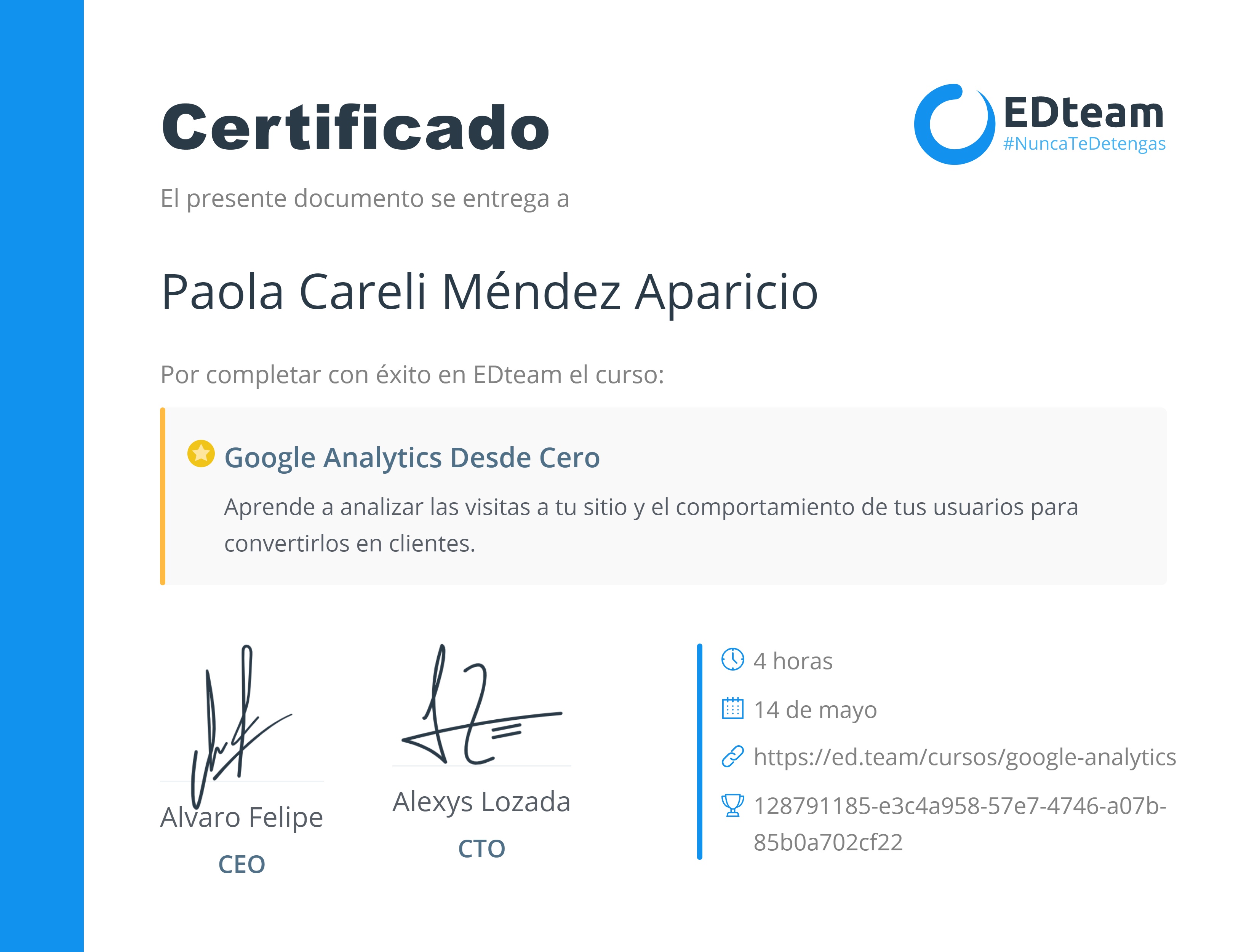 Certificado de Paola Careli Méndez Aparicio del curso Google Analytics desde cero