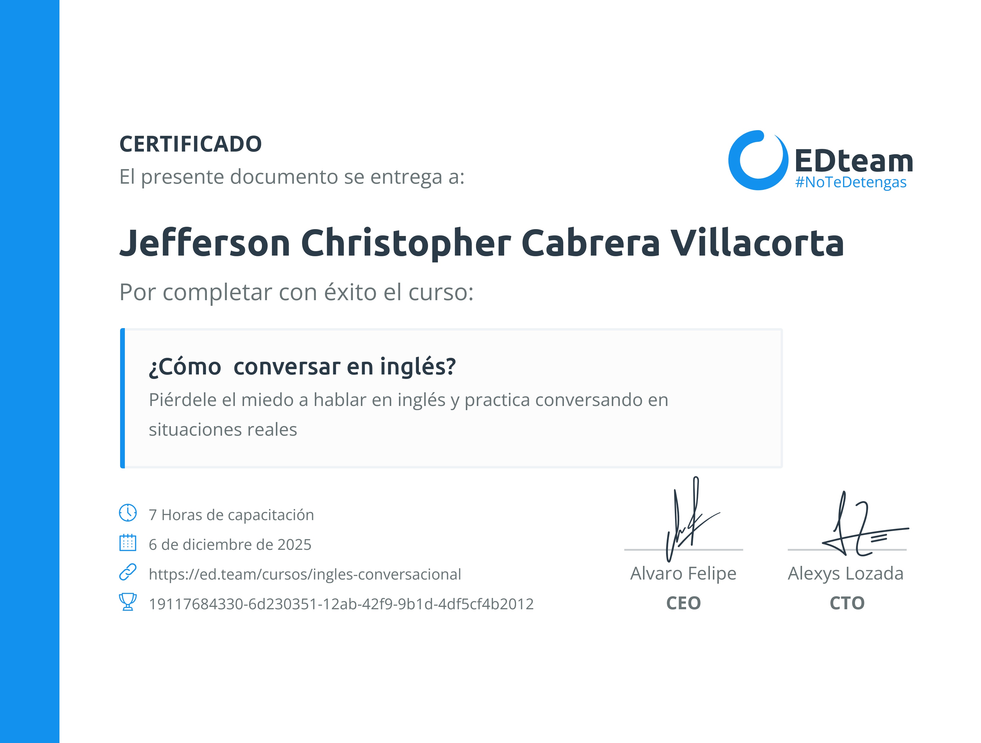 Certificado de Jefferson Christopher Cabrea Villacorta del curso ¿Cómo conversar en inglés?