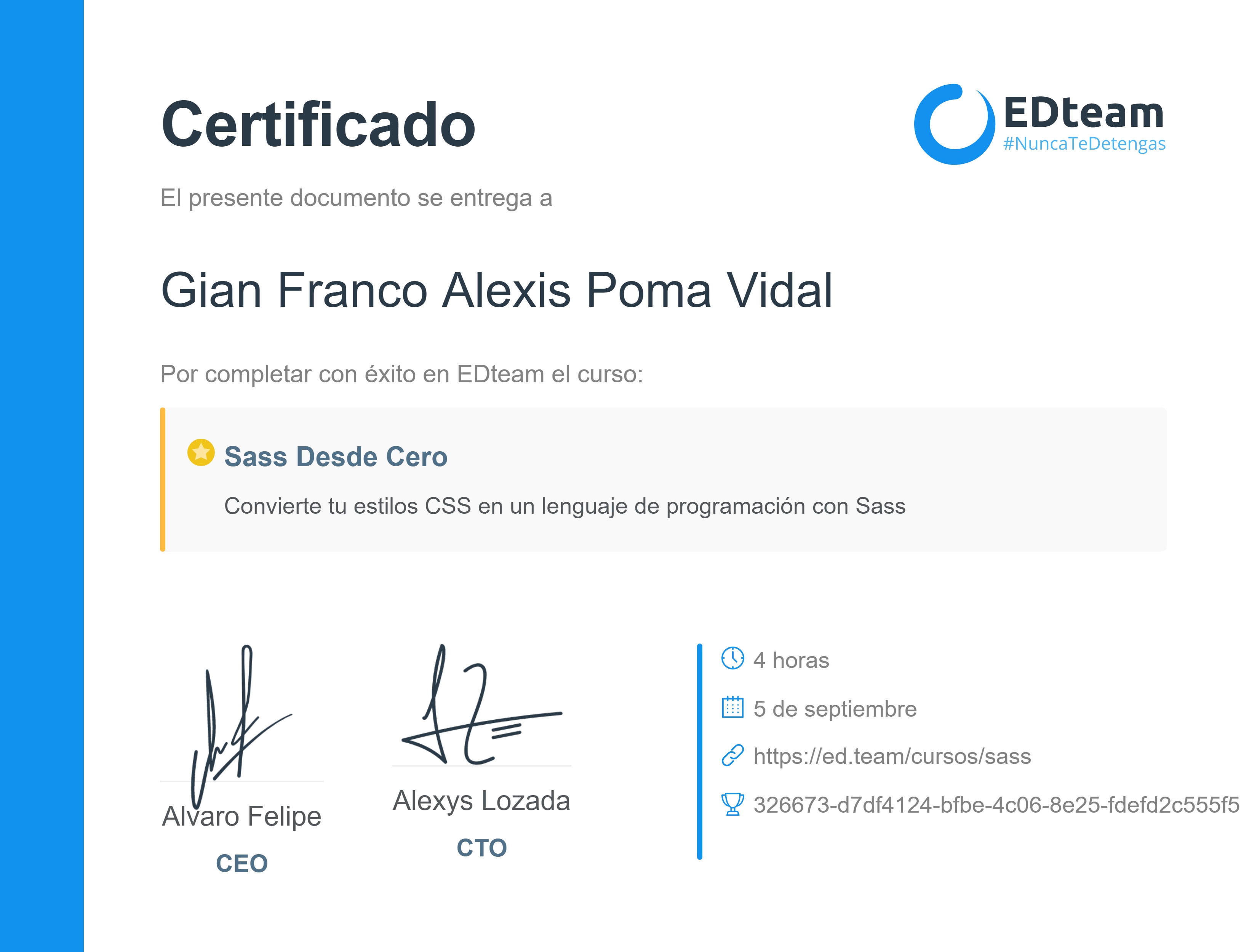Certificado de Gian Franco Alexis Poma Vidal del curso Sass desde cero