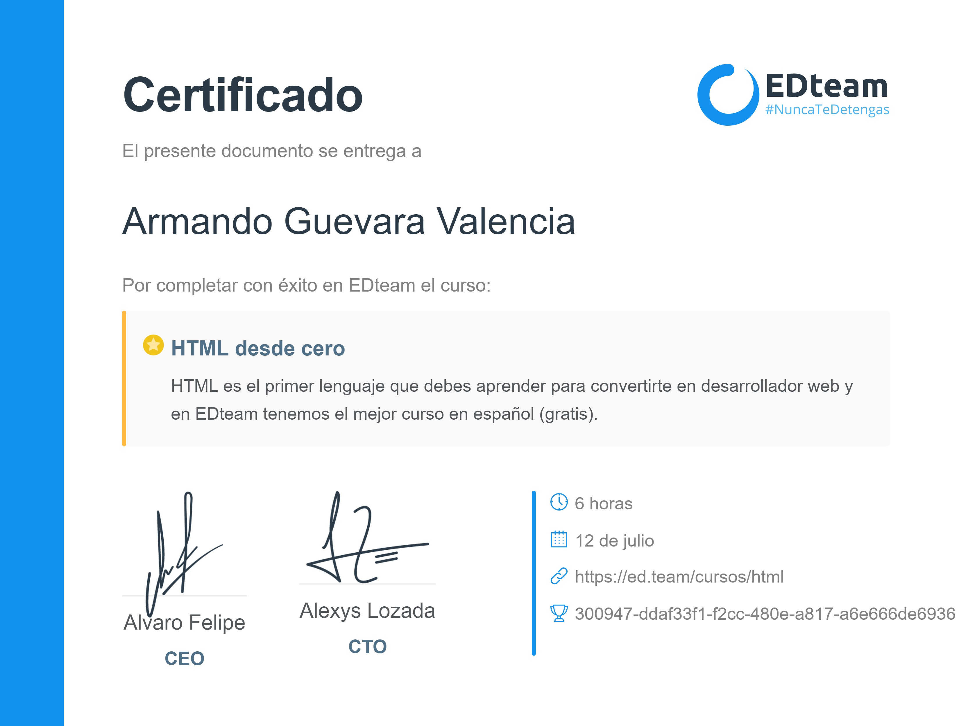 Certificado de Armando Javier Guevara Valencia del curso HTML desde cero 2018 (gratis) (2018)