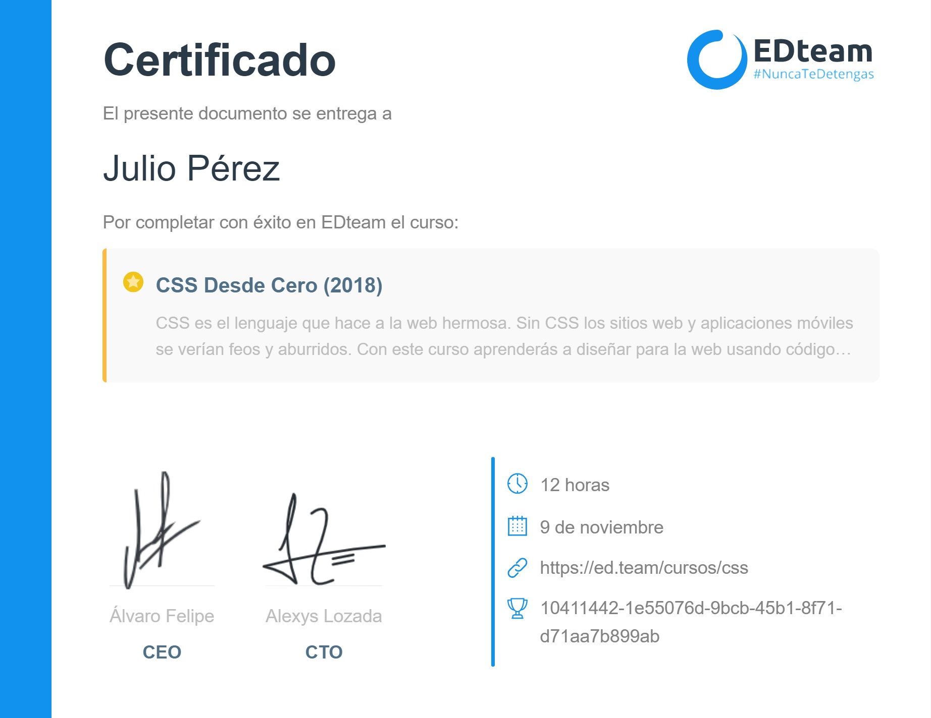 Certificado de Julio Pérez del curso CSS Desde Cero (2018)
