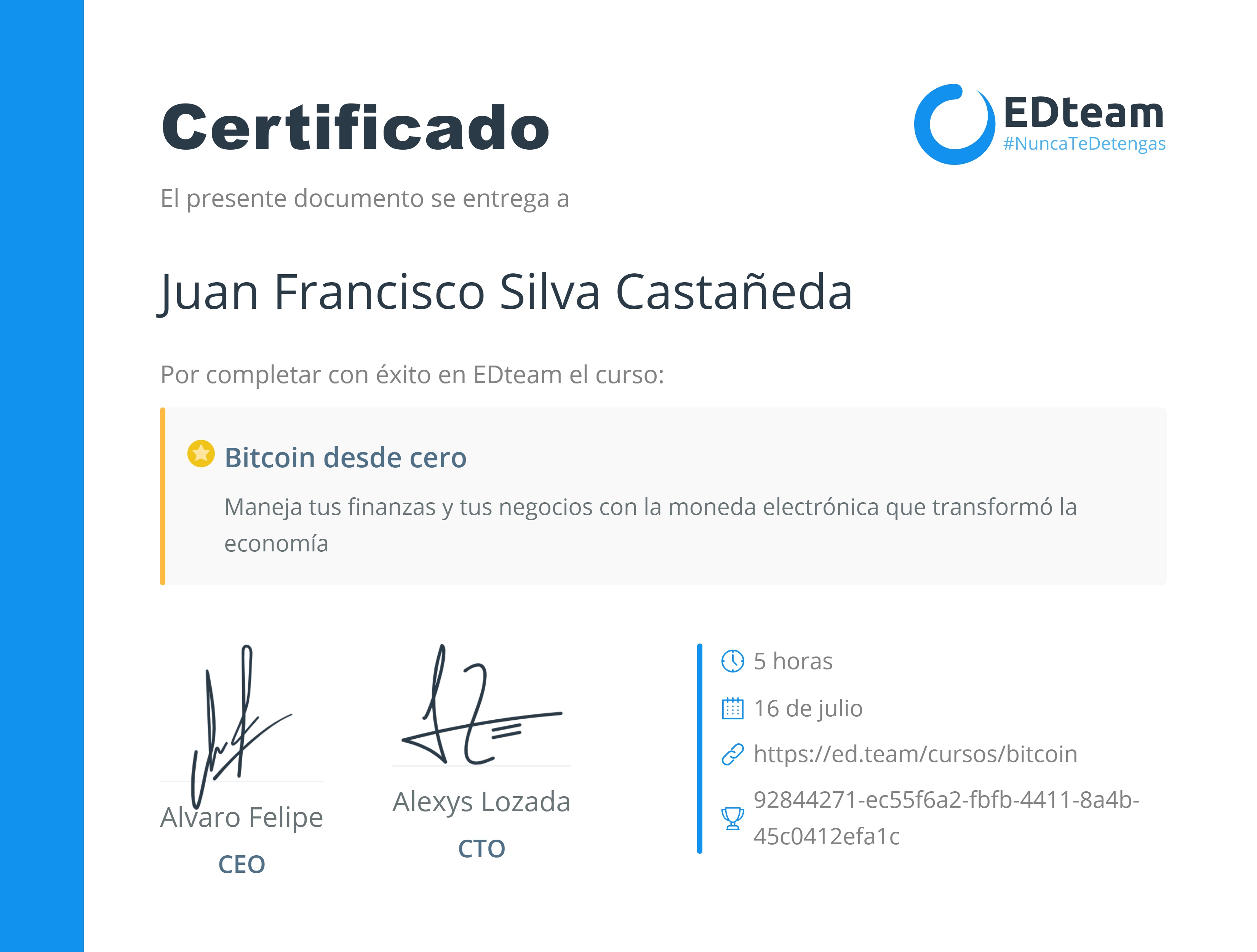 Certificado de Juan Francisco Silva Castañeda del curso Bitcoin desde cero