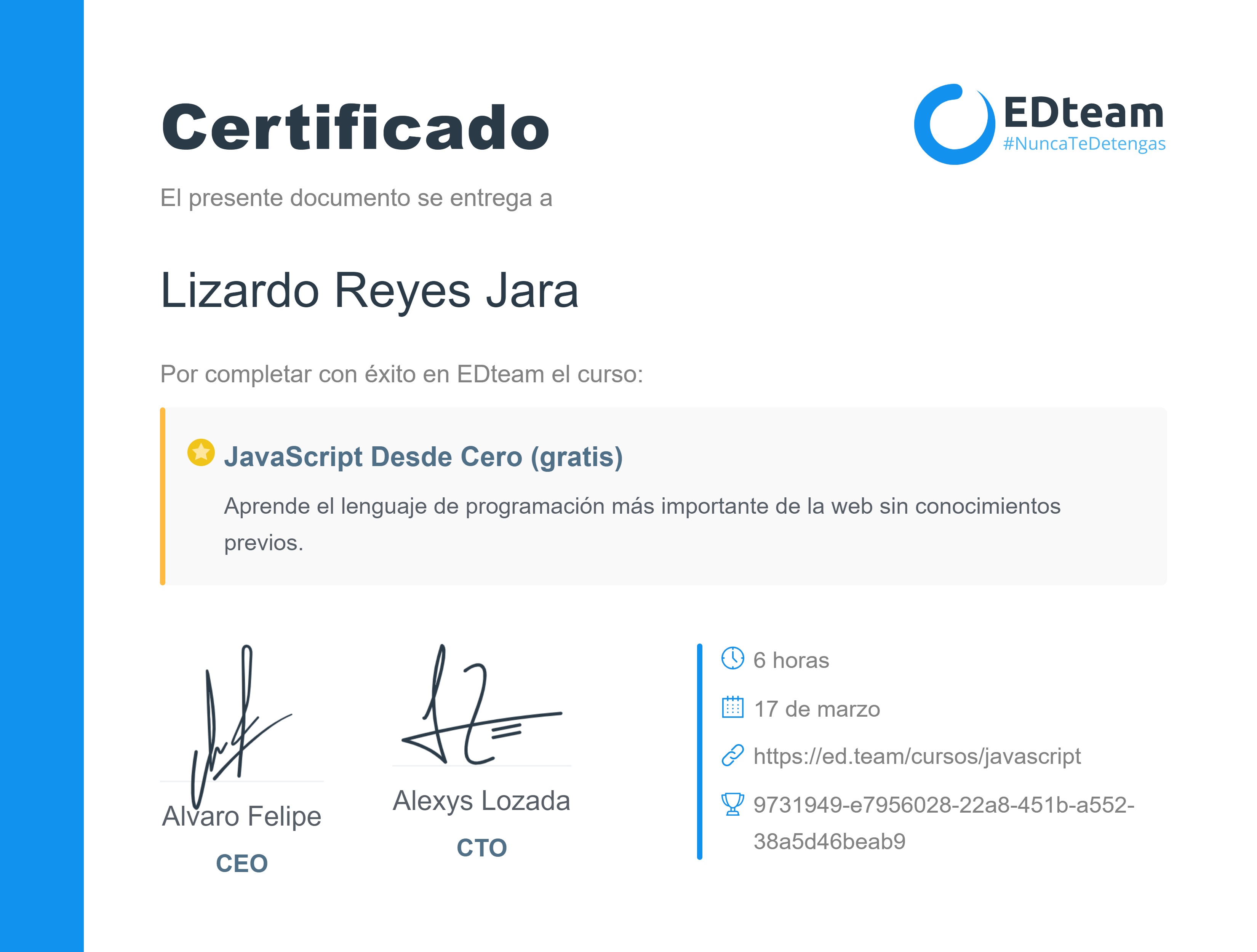 Certificado de Lizardo Reyes del curso JavaScript Desde Cero (gratis) (2018)