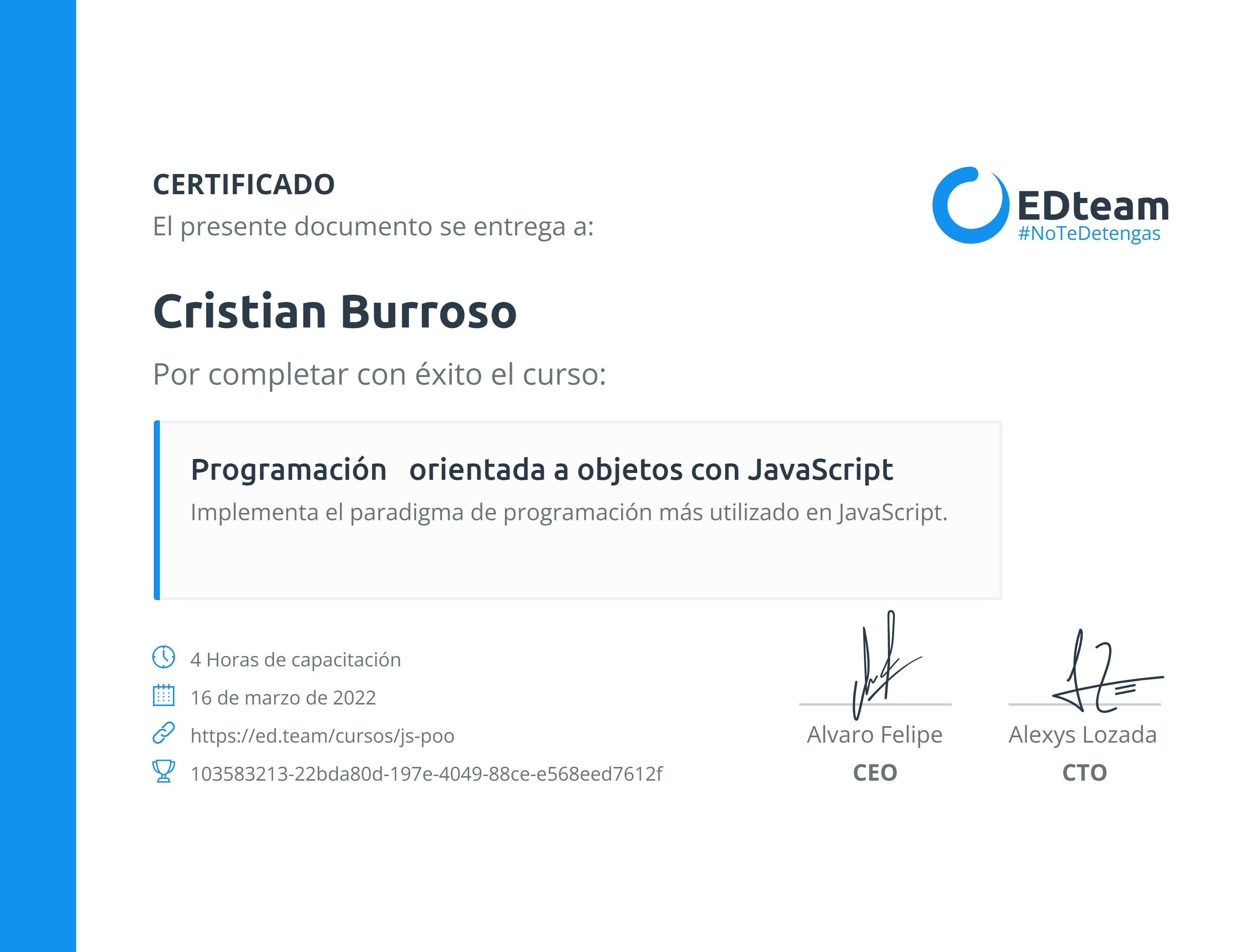 Certificado de Cristian Burroso del curso Programación orientada a objetos con JavaScript