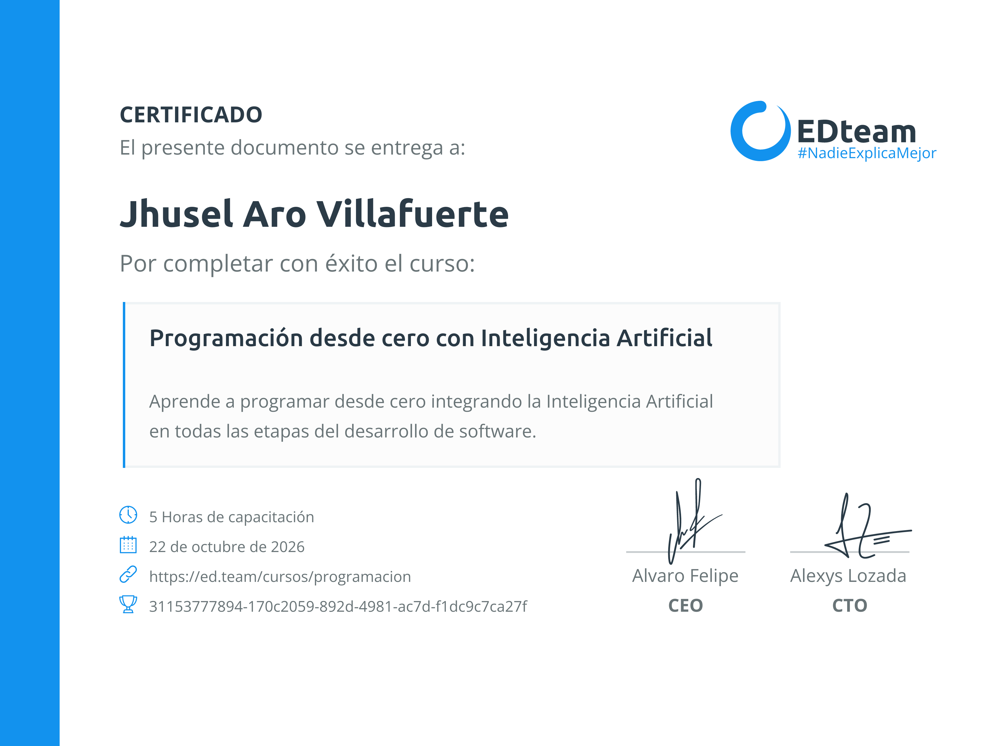 Certificado de Jhusel Aro Villafuerte del curso Programación desde cero con Inteligencia Artificial