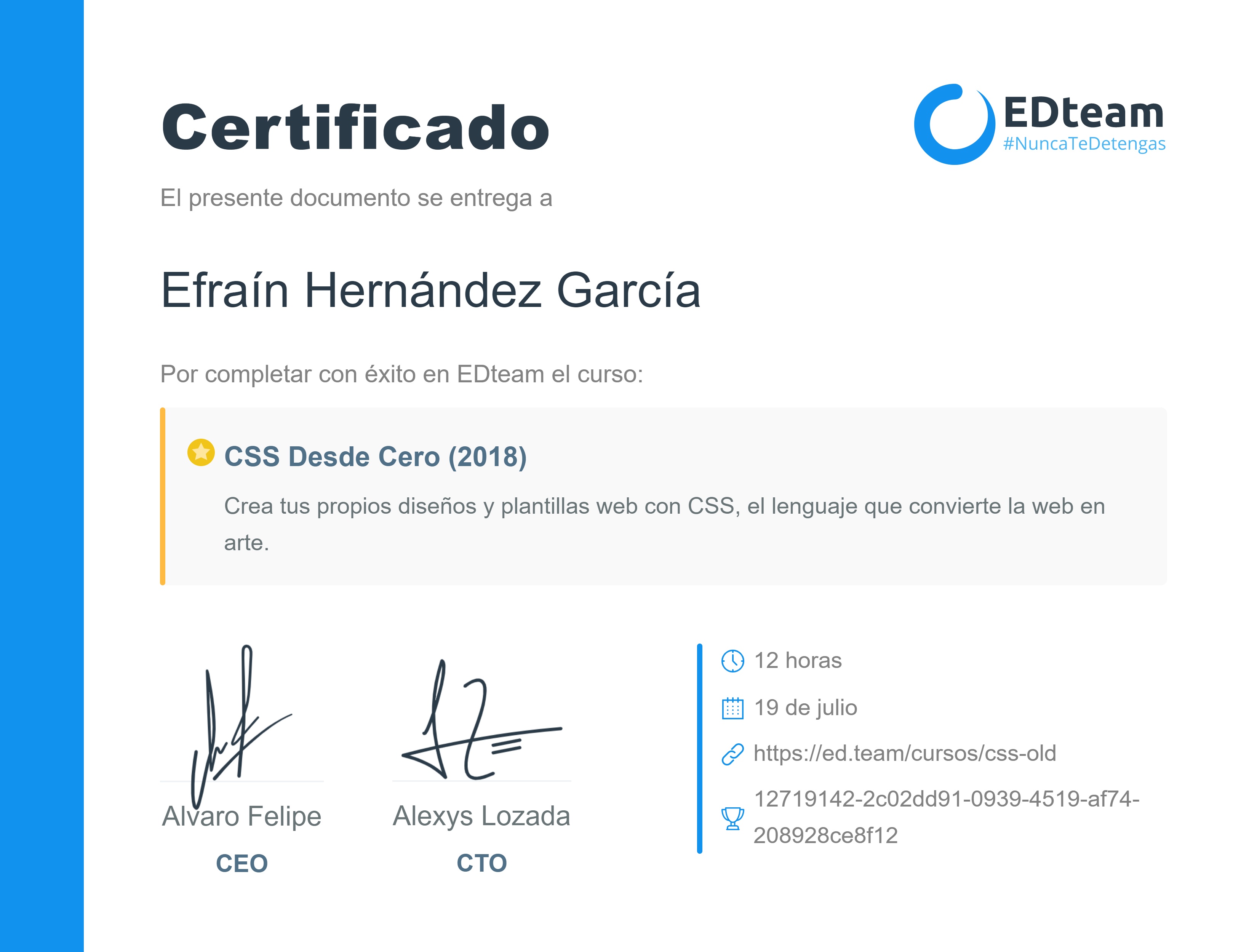 Certificado de Efraín Hernández García del curso CSS Desde Cero (2018)