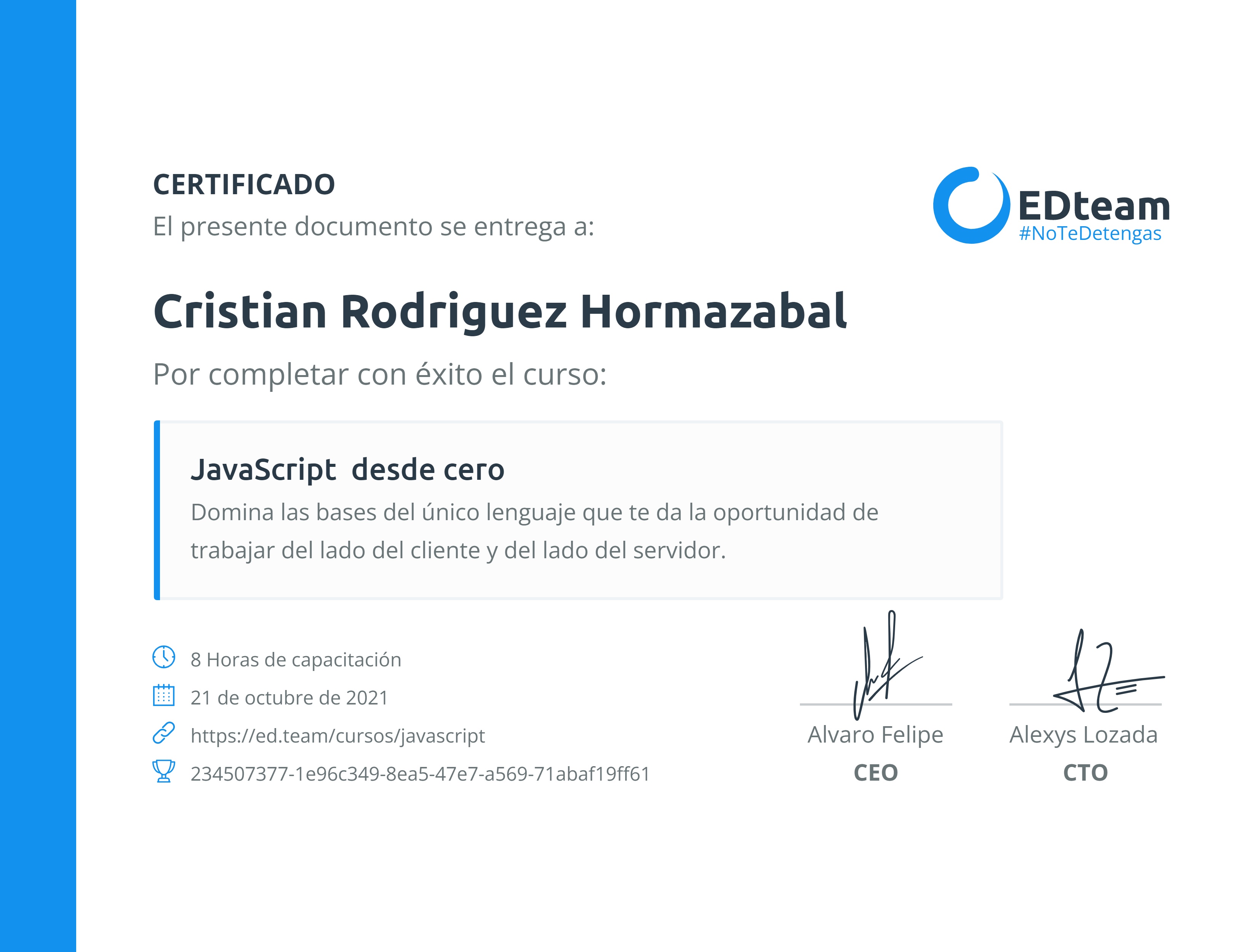 Certificado de Cristian Rodriguez Hormazabal del curso JavaScript desde cero