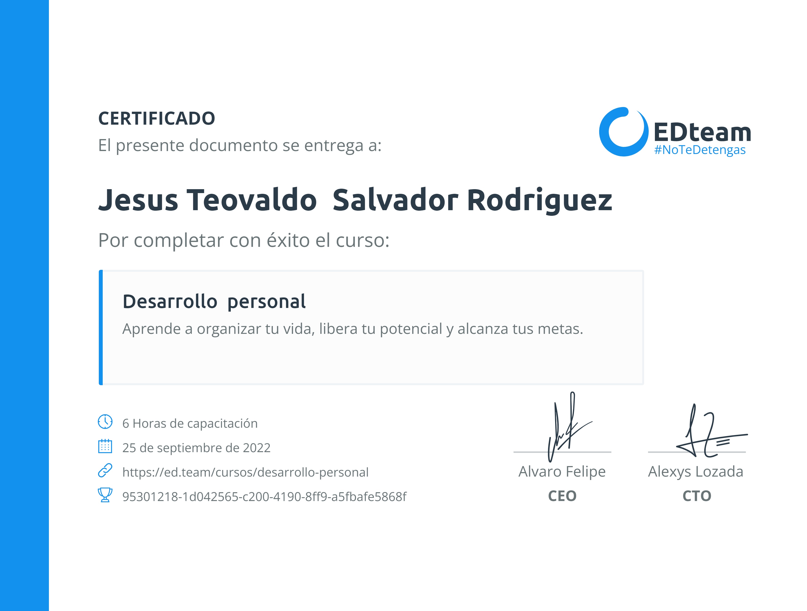 Certificado de Jesus Teovaldo Salvador Rodriguez del curso Desarrollo personal