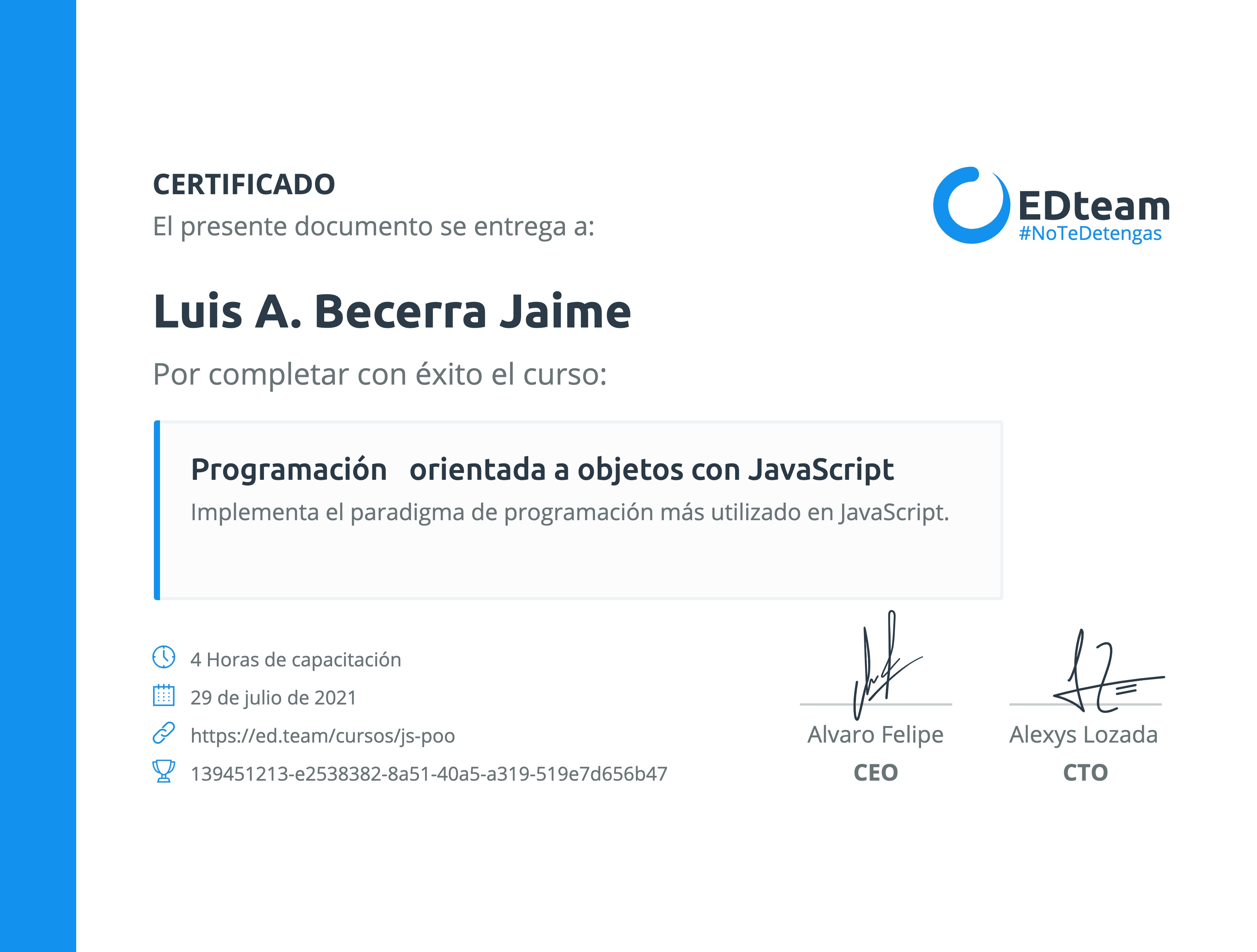 Certificado de React JS del curso Programación orientada a objetos con JavaScript