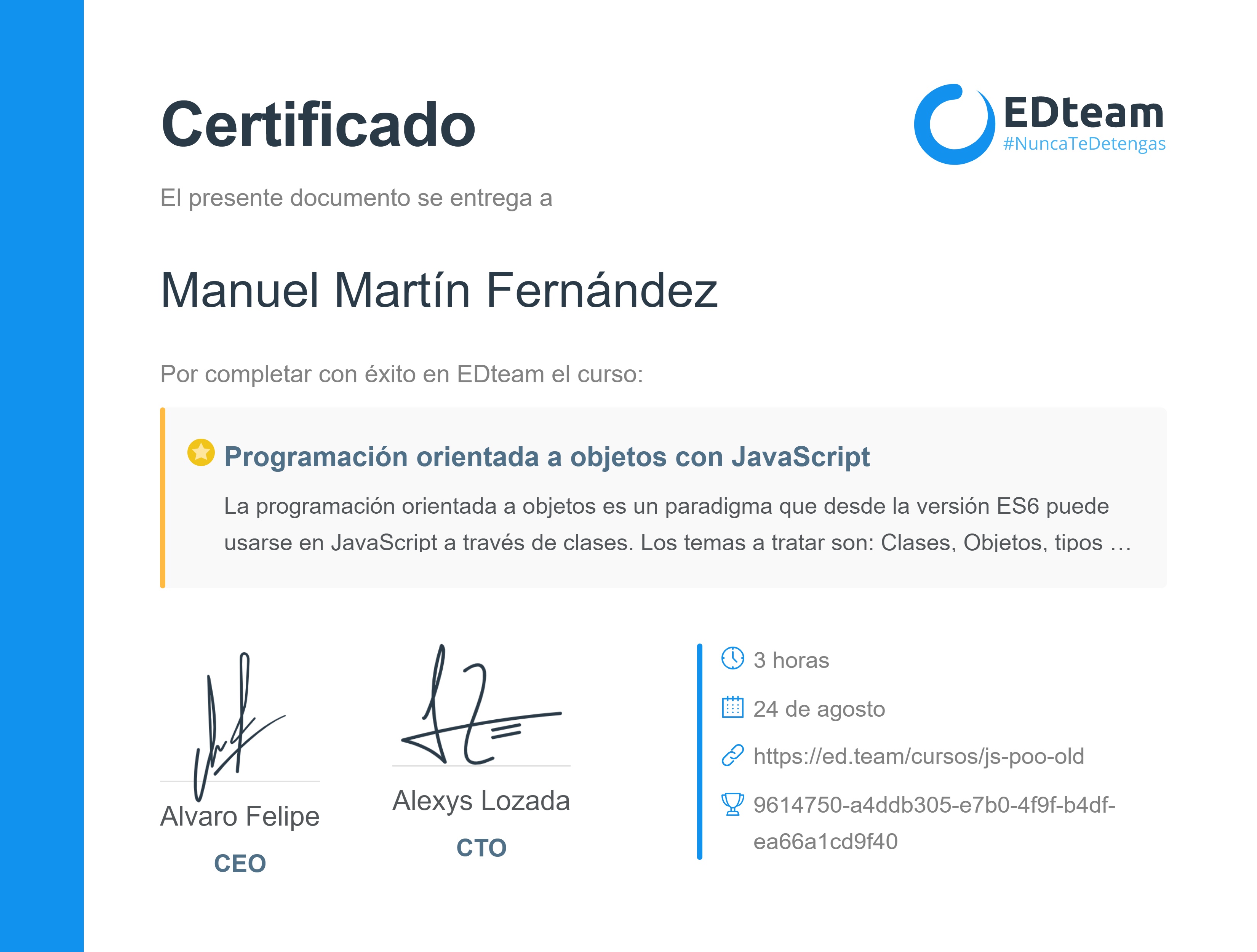 Certificado de Manuel Martín Fernández del curso Programación orientada a objetos con JavaScript (2018)