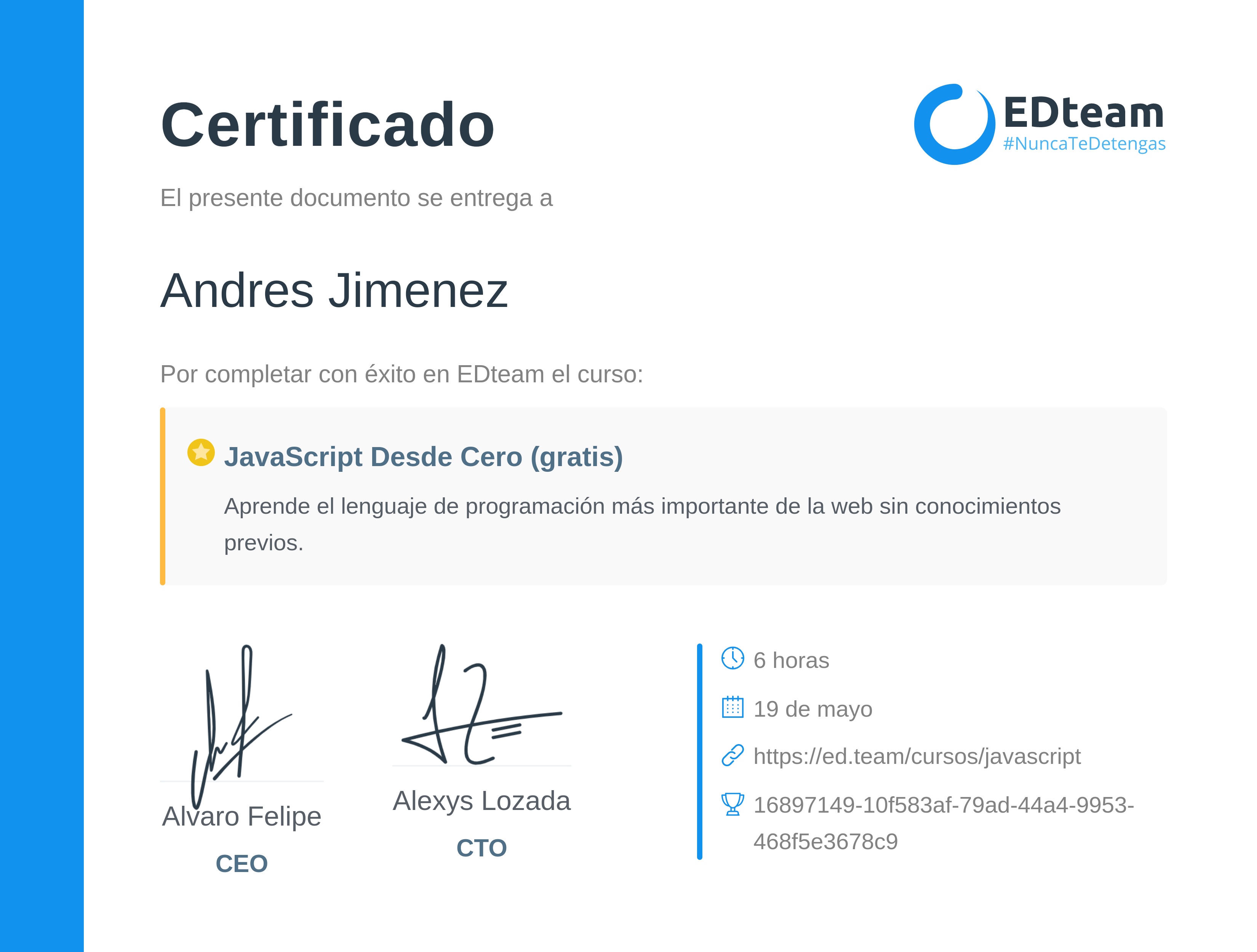 Certificado de Andres Jimenez del curso JavaScript Desde Cero (gratis) (2018)