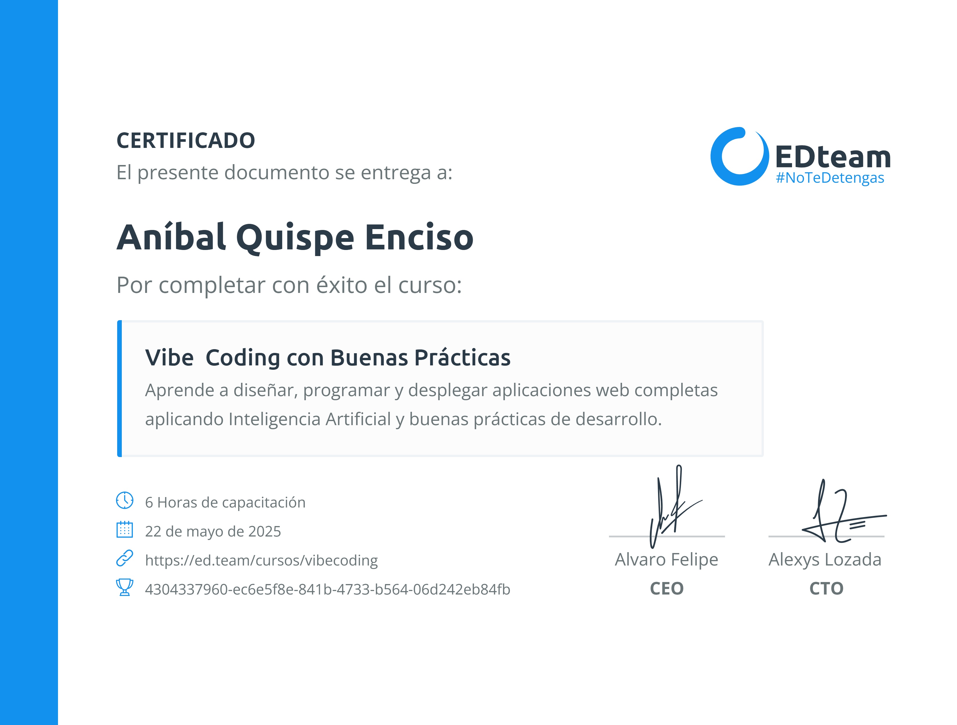 Certificado de Aníbal Quispe Enciso del curso Vibe Coding para programadores